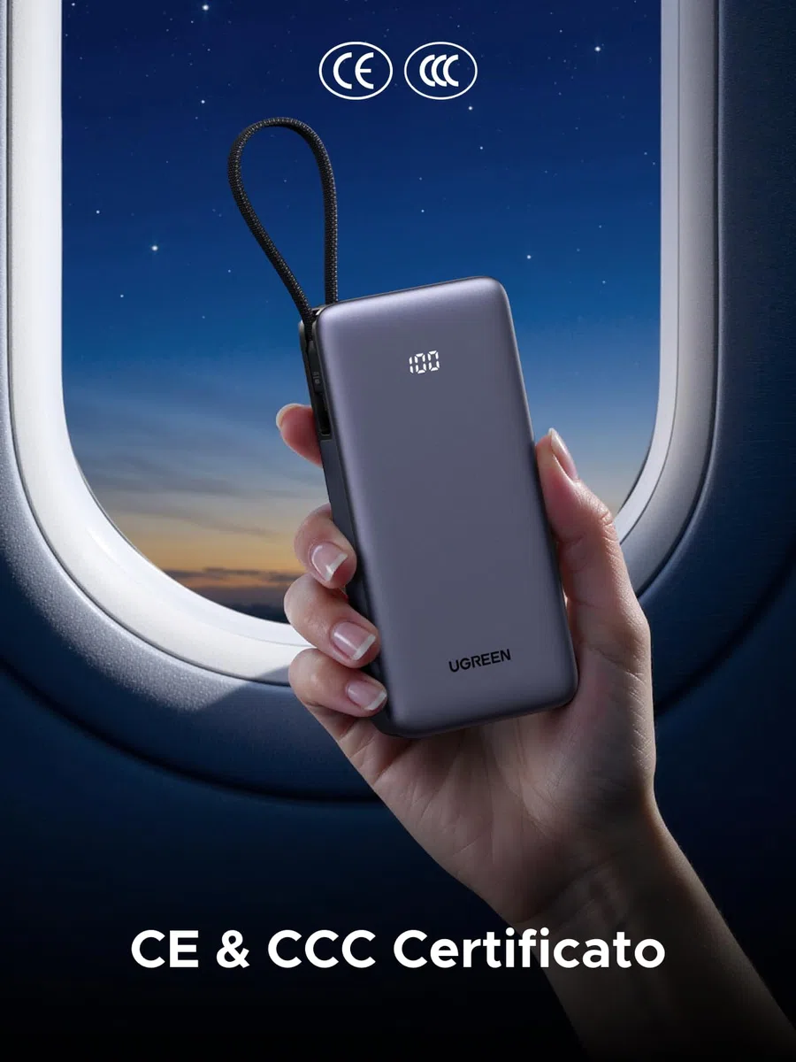 UGREEN Nexode 55W Power Bank 20000mAh CCC Ricarica Rapida Caricatore Portatile PC Cavo USB C Integrato PD 45W LED Compatibile con Xiaomi Note 15 14 13 Poco M8 M7 iPhone 17 16 Galaxy S26 S25 MacBook