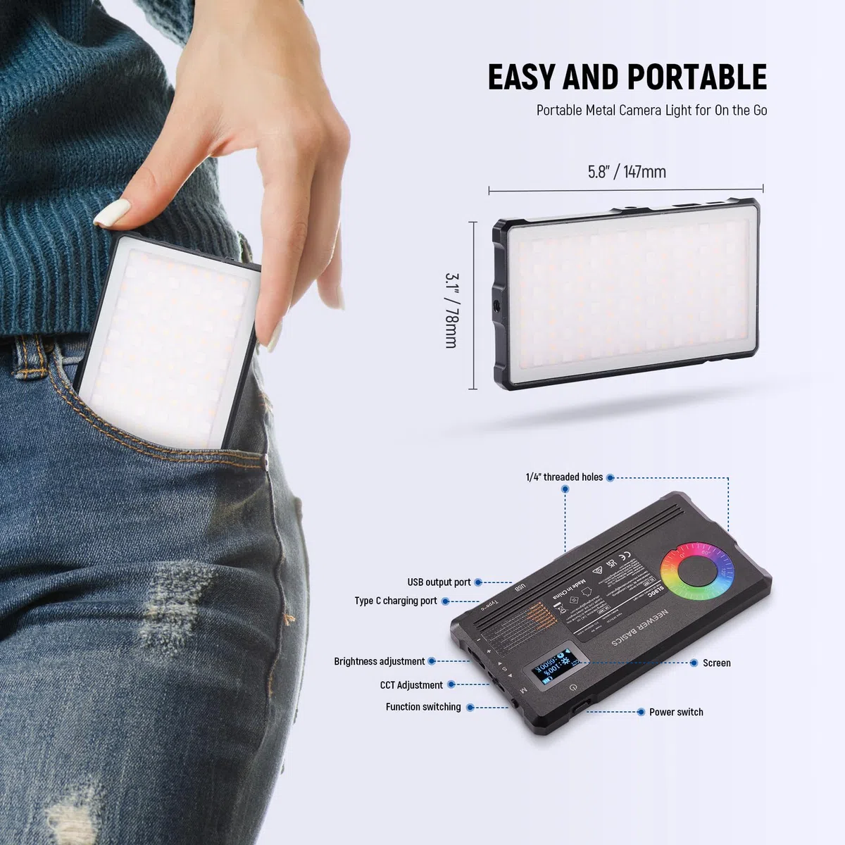 NEEWER Basics RGB Video Light, 8W 2700K-7500K Portatile Colori RGB Completi 17 Scene CRI97, 4000mAh Ricaricabile Piccolo Pannello LED Illuminazione per Fotocamera Treppiede Registrazione Video, SL90C