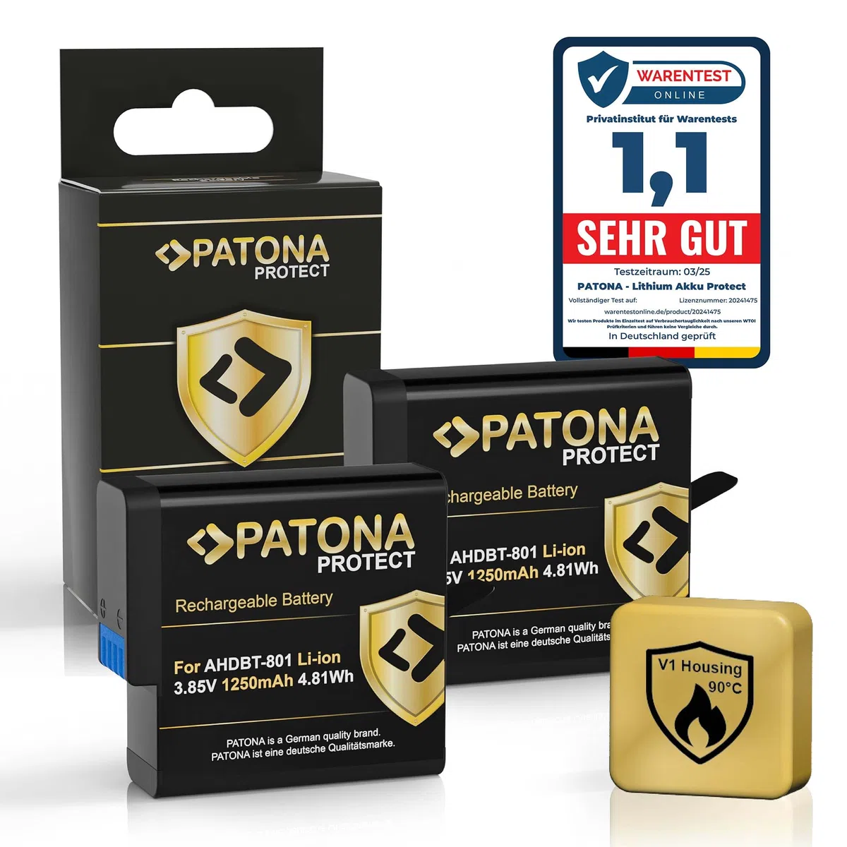 PATONA 2x Protect Batteria per GoPro Hero 8 7 6 5 (1250mAh, guscio V1 ignifugo) – ricambio per AHDBT-801/701/501, AABAT-001 – doppia scorta per action, 4K e time-lapse