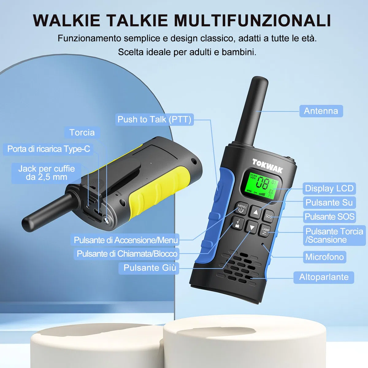 4 Pezzi Walkie Talkie Ricaricabile con Batteria, Walkie-Talkies per Bambini e Adulti, 16 Canali Lungo Raggio Walkie Talkie con Torcia Funzione VOX, Walki Talki per Campeggio Escursioni