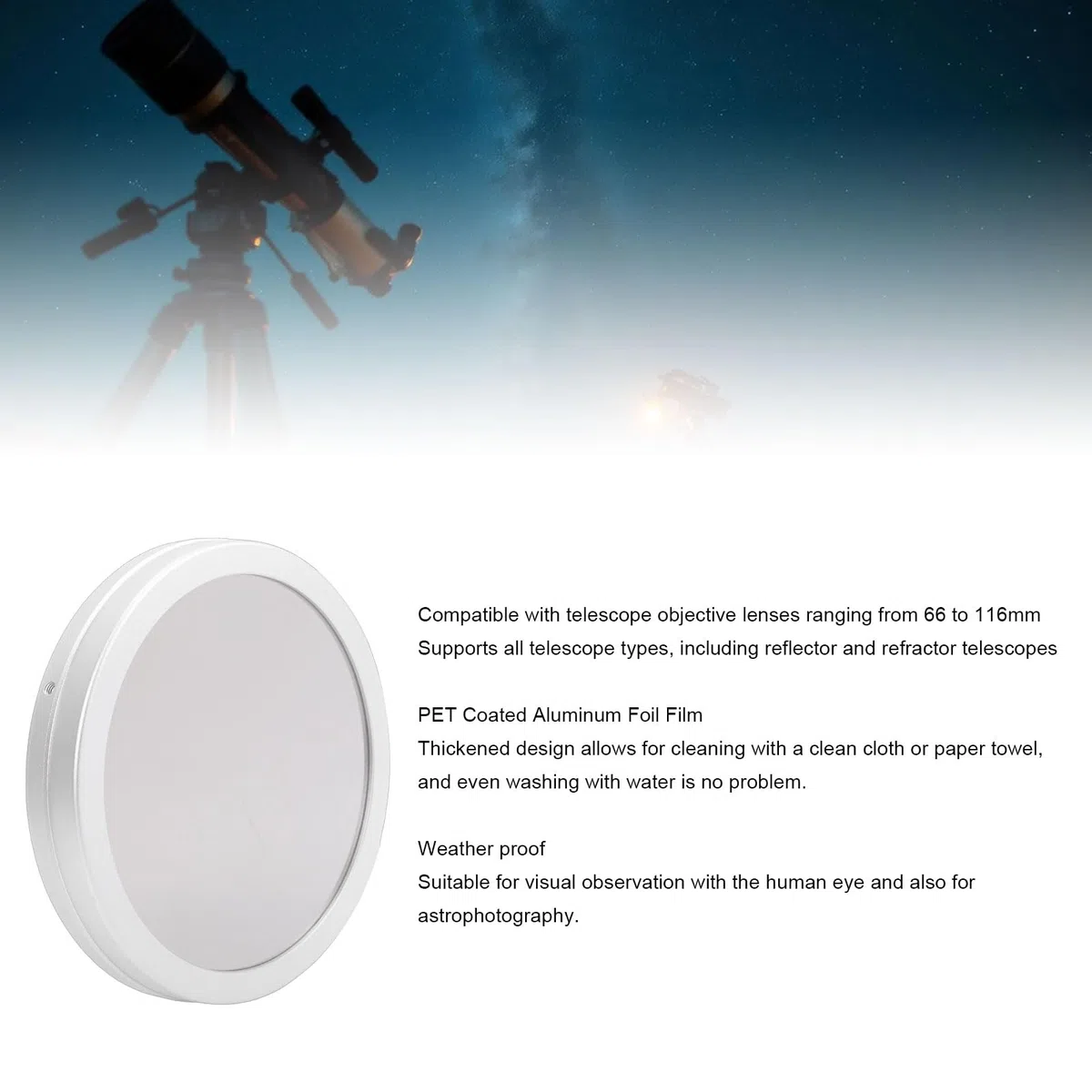 LICAEVEY Filtro Solare per Telescopio, Foglio di Alluminio Rivestito in PET Pellicola di Sicurezza per Telescopio Tappo Filtro Solare Custodia in Alluminio per Obiettivo da 66 a 116 Mm