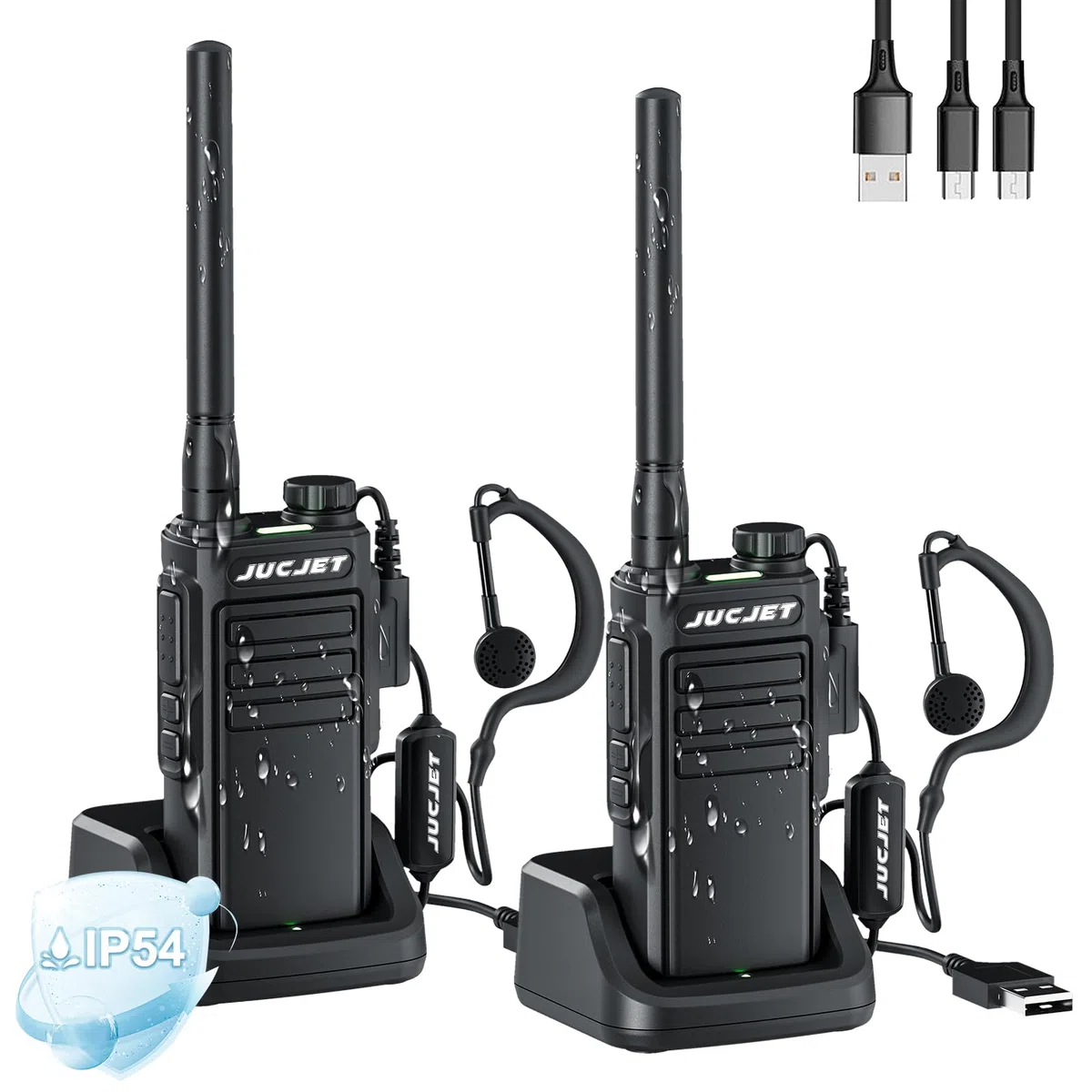 EP31 PMR446 Walkie Talkie, Walkie Talkie ricaricabili impermeabili IP54 con 16 canali, cavo di ricarica TPYE C 2 in 1, con stazione di ricarica USB, auricolari originali(Nero, 2 Pezzi)