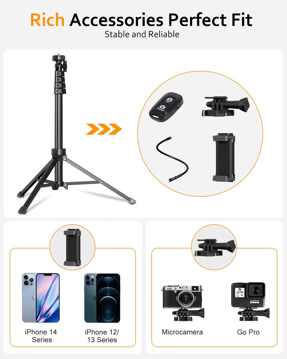 Aureday Supporto per cellulare da 88" per selfie con tubo flessibile da 14,95", telecomando Bluetooth e supporto per telefono cellulare, supporto per iPhone, telefoni Android e fotocamere