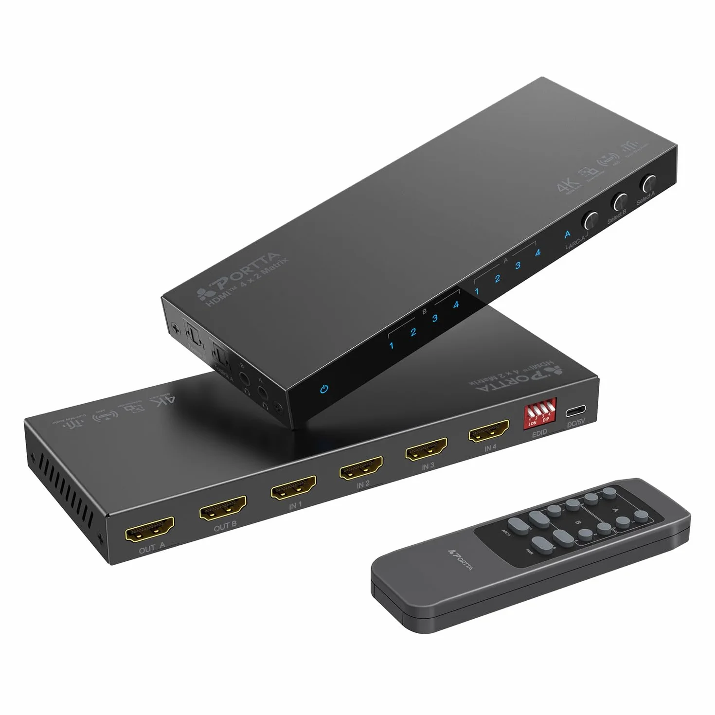 PORTTA HDMI Matrix 4 in 2 Out 4K 60Hz 4: 4: 4, 4x2 Switch Switter con estrattore audio ottico da 3,5 mm, 16 modalità EDID, supporto remoto IR HDMI 2.0b, HDCP 2.2/2.3, HDR, ARC, 3D, 18GBP - Downscaler