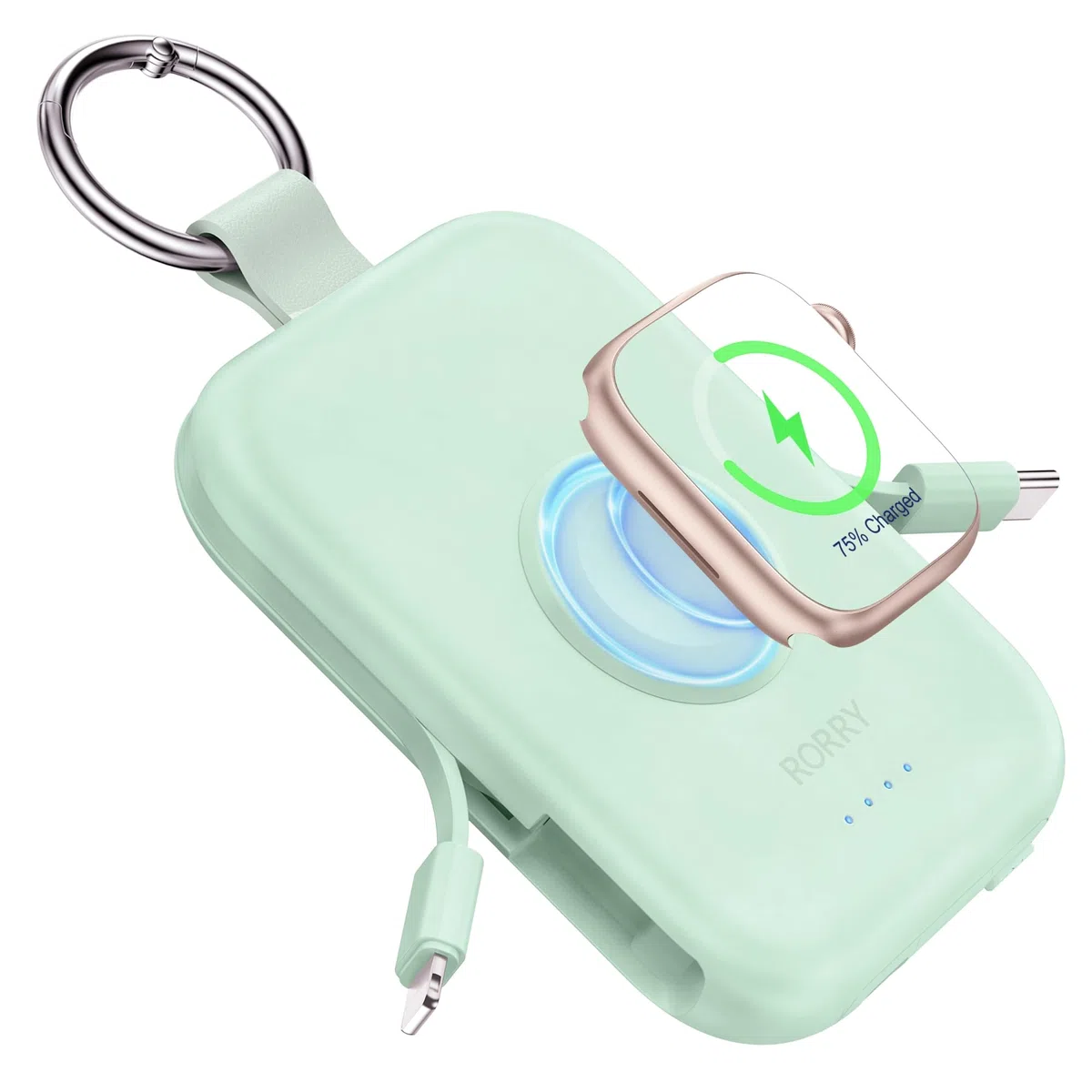 RORRY Power Bank, batteria esterna da 5000 mAh con cavo integrato, per iPhone 17/16/15/14/13/12, Apple Watch Ultra/11/10/9/8/7/6/SE, verde