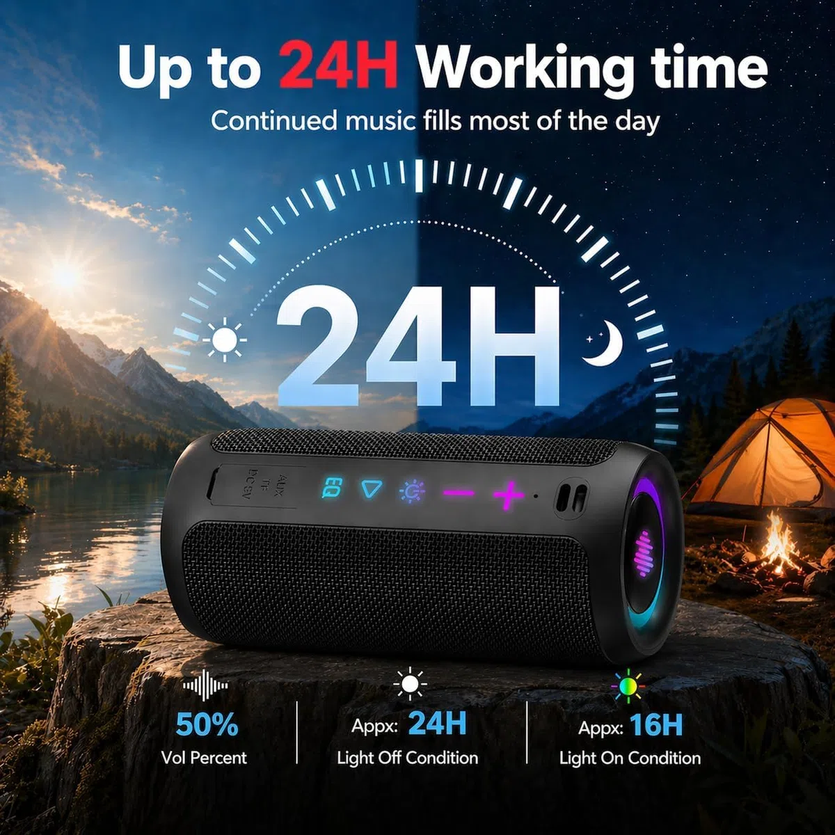 TIMU Cassa Bluetooth Portatile Potente, Altoparlante Bluetooth 5.4 con 2 Modalità EQ, IPX7, TWS, 24H di Autonomia, 8 Modalità RGB, Cinghia da Trekking, Compatibile con PC, AUX, TF