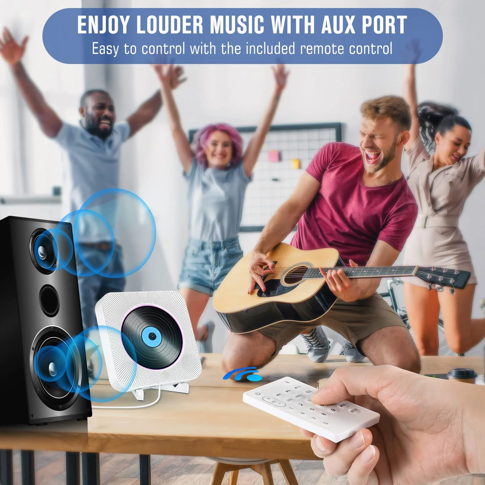 Lettore CD Bluetooth montabile a parete, lettore musicale CD portatile con doppi altoparlanti, lettore CD da parete/da tavolo con linea di interruttori di alimentazione, AUX/USB (Bianco)