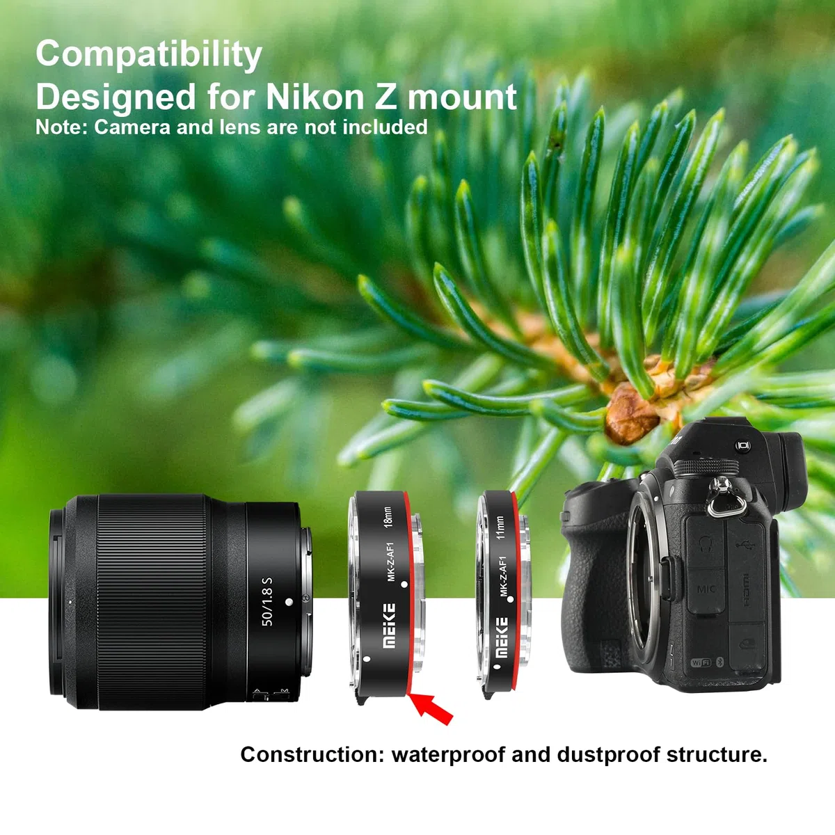 Meike MK-Z-AF1 Set di tubi di prolunga per macro con messa a fuoco automatica in metallo (11 mm + 18 mm) compatibile con Nikon Z5 Z6 Z6II Z7 Z7II Z50