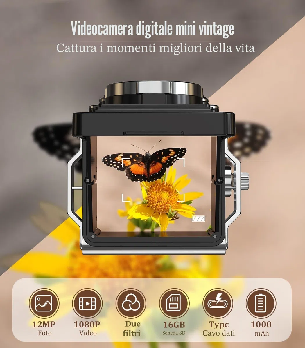 CHUZHAO Mini fotografica retrò vintage 12 MP 1080P FHD fotocamera digitale TLR autofocus fotografiche con scheda di memoria da 16 GB macchina fotografica portatile compatta per bambini, adolescenti
