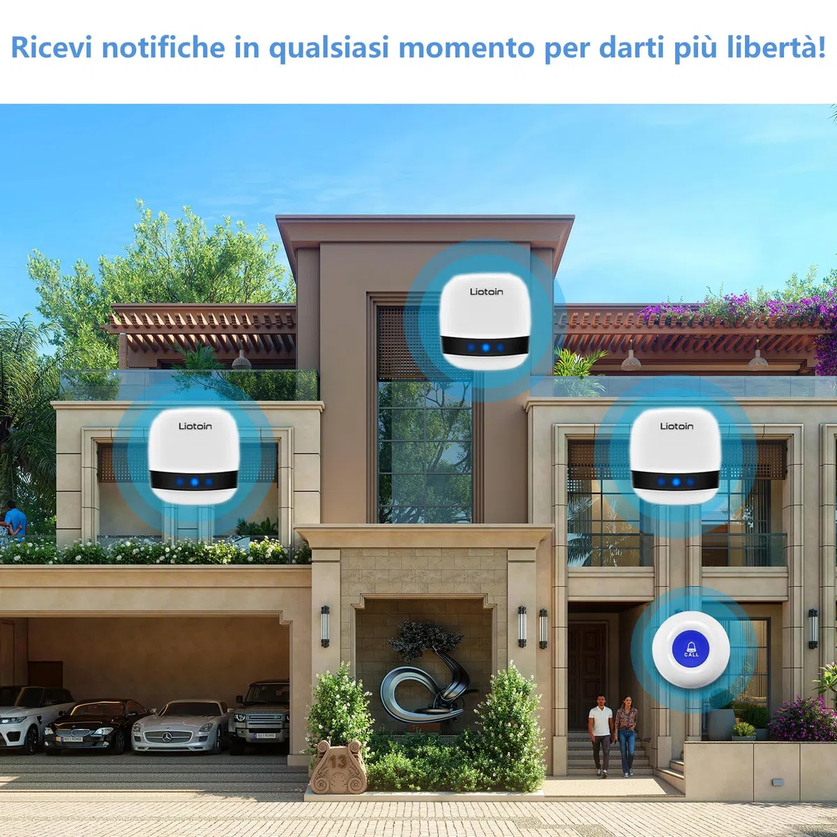 Pulsante di Chiamata Wireless, LIOTOIN Cercapersone con LED in Portata Fino a 180m Impermeabile Sistema di Assistenza per Anziani Pazienti Disabili Casa Ospedale (3 Trasmettitori 1 Ricevitori)