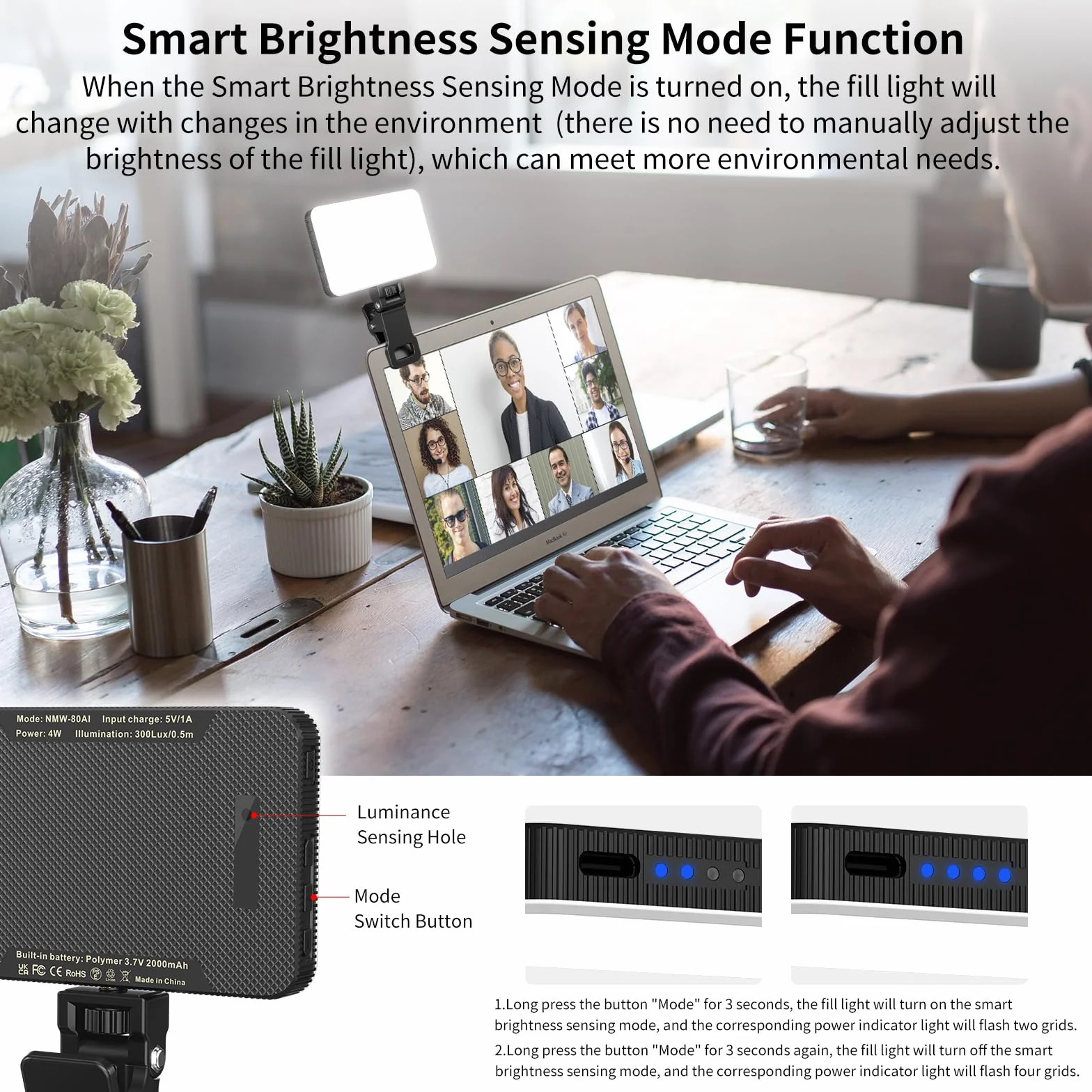 Newmowa Selfie Light, luce ricaricabile con clip per telefono con sensore di luce intelligente per telefono/laptop/fotocamera, 3 modalità di illuminazione per TikTok/trucco/Selfie/videoconferenza