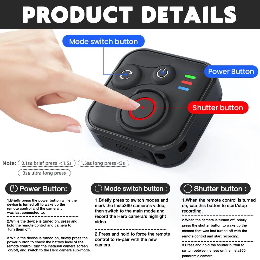 NAVESO Bluetooth Telecomando per GoPro Hero 13/12/11 Insta360 X5/X4/X3/Ace Pro 2/Ace Pro/GO3S/GO3/IOS/Android, Senza Fili Telecomando con Cinturino da Polso e Cavo di Ricarica USB
