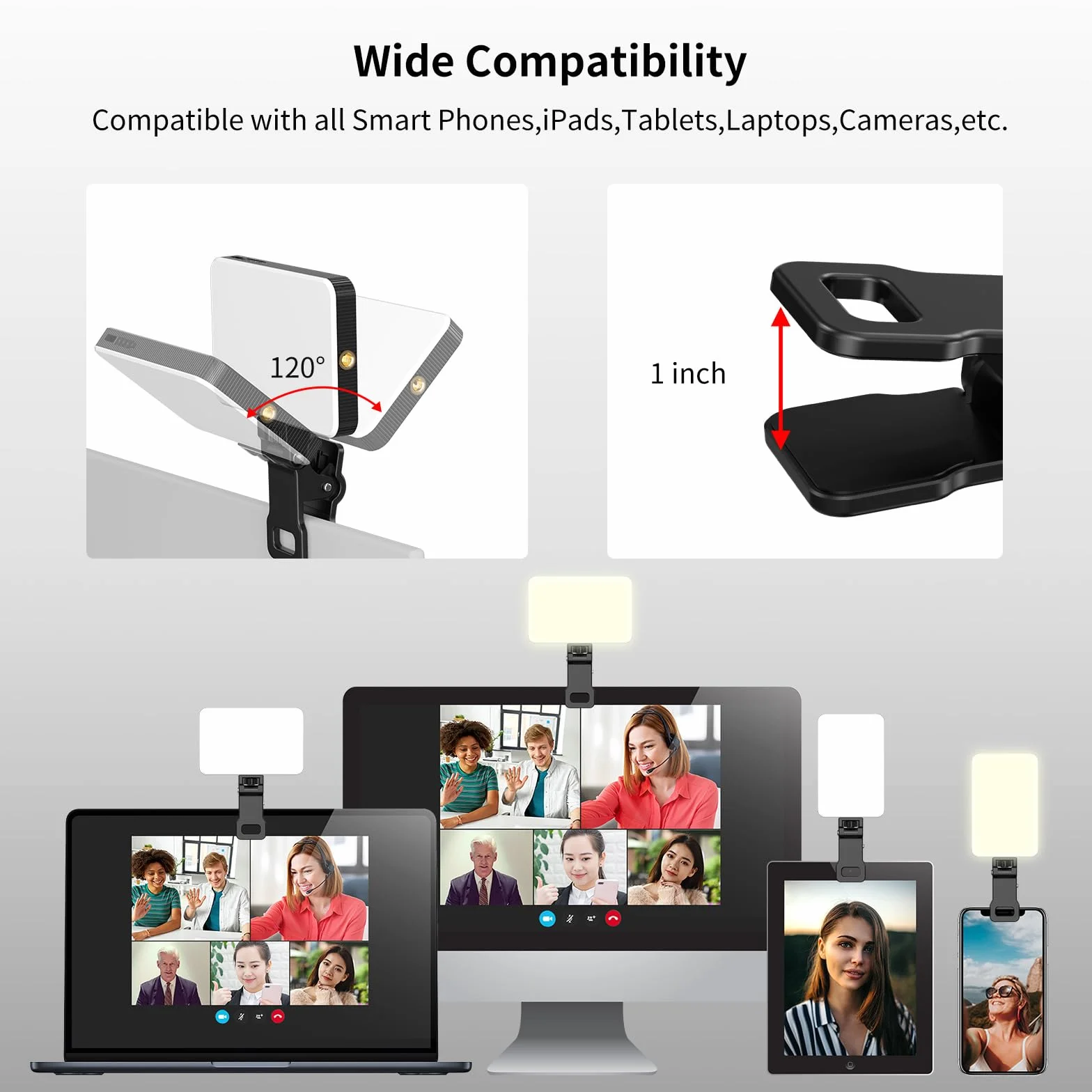 Newmowa Selfie Light, luce ricaricabile con clip per telefono con sensore di luce intelligente per telefono/laptop/fotocamera, 3 modalità di illuminazione per TikTok/trucco/Selfie/videoconferenza