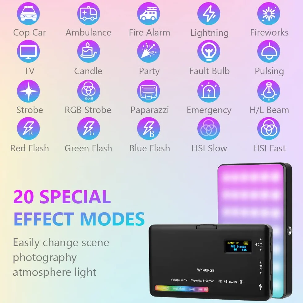 AXFEE Luce video, W140 RGB CRI95+ 2500K-9000K Dimmerabile Luce LED Fotografica, Pannello Luce LED, Ricaricabile USB con Batteria da 3100 mAh per Tiktok/Foto di Prodotti/videocamere DSLR, Fotografia