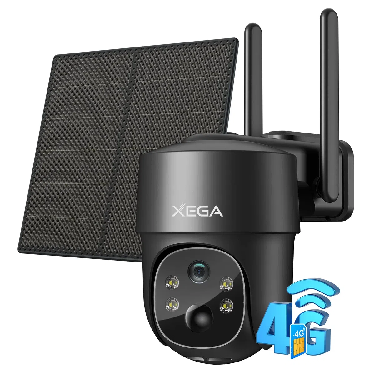 Xega 4G Telecamera Solare Esterno con SIM Scheda, 2K HD PTZ Telecamere Senza Fili con Pannello Solare Batterie, Visione Notturna, Rilevamento del Movimento, Audio Bidirezionale, Rotazione(Senza WiFi)