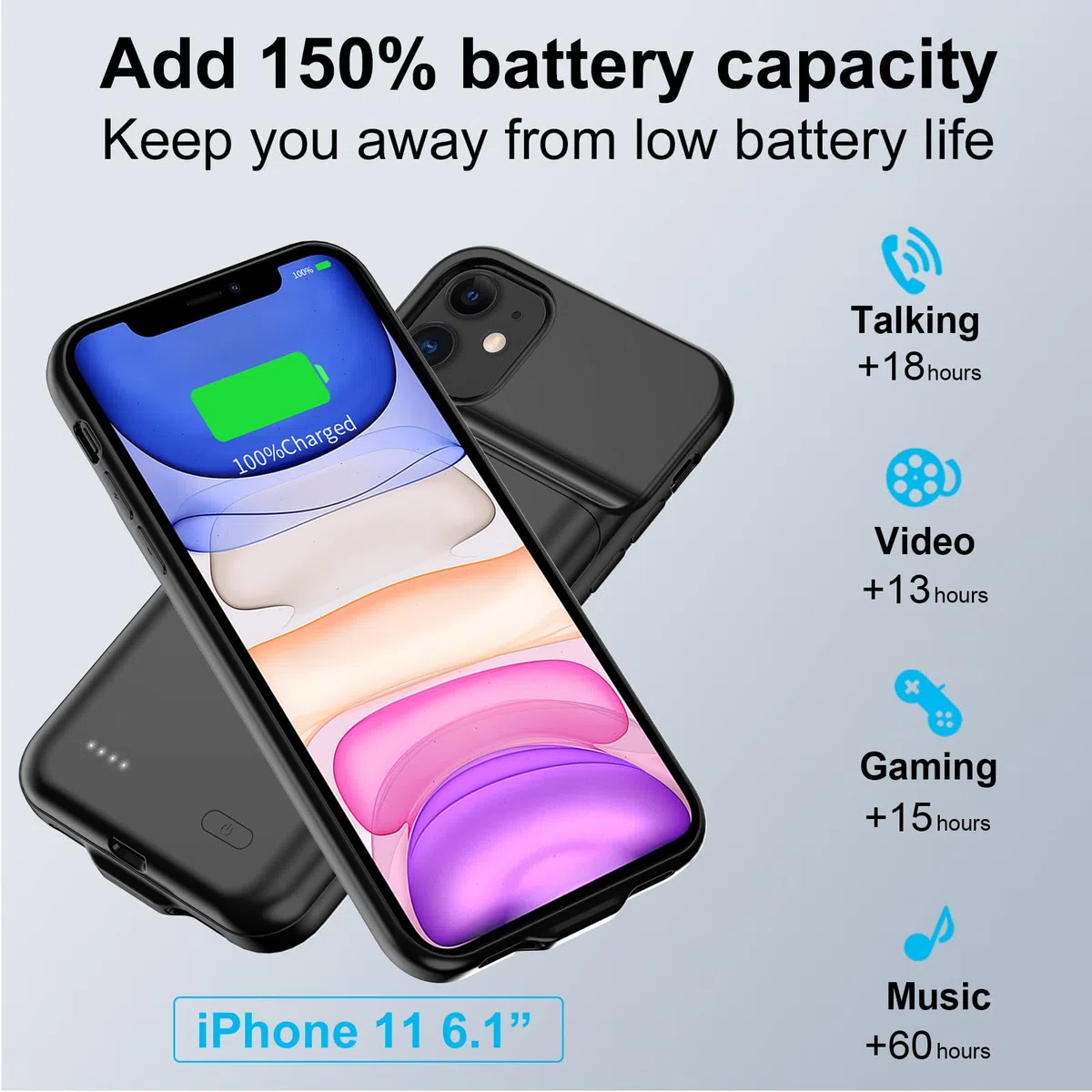 Custodia con batteria per iPhone 11, 7000 mAh, ultra sottile, portatile, estesa, custodia di ricarica per iPhone 11
