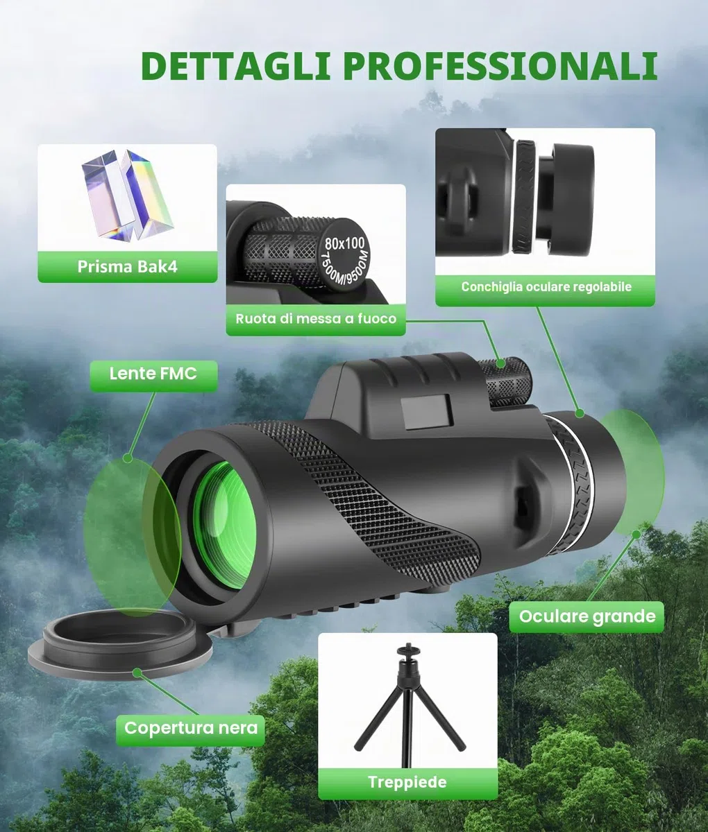 PAHTTO Monoculare 80x100 Zoom, telescopio monoculare con supporto per smartphone e treppiede estensibile, telescopio monoculare impermeabile per birdwatching, caccia, viaggi e concerti sportivi