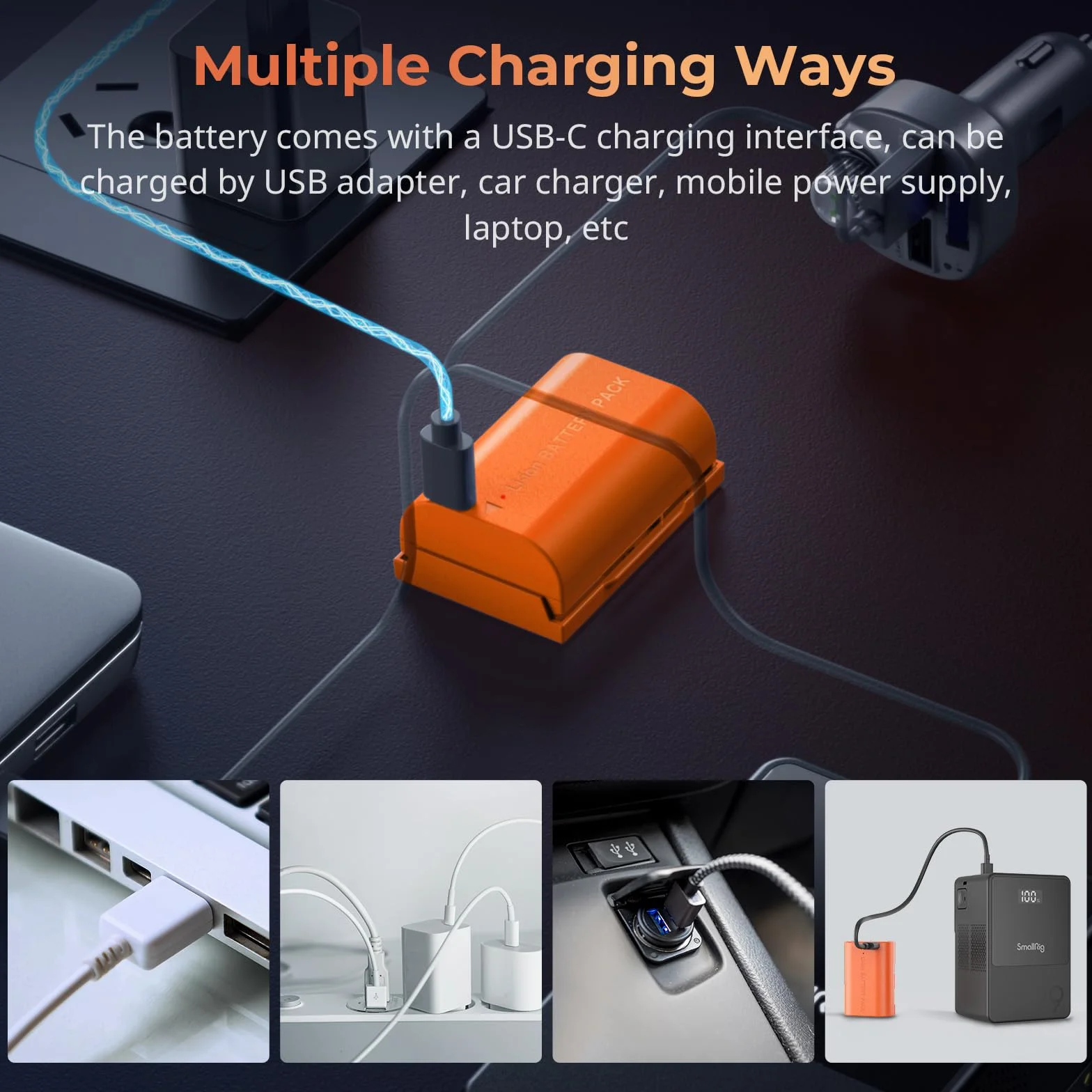 SMALLRIG Batteria 2400mAh per Canon LP-E6NH R6II/R5/R6/R7, Batteria per Fotocamera Ricaricabile con USB-C 2.5H Ricarica Rapida per Canon R, R5C, 5DIII/IV, 6D, 6DII, 7D, 60Da, 70D, 80D, Arancia - 4968