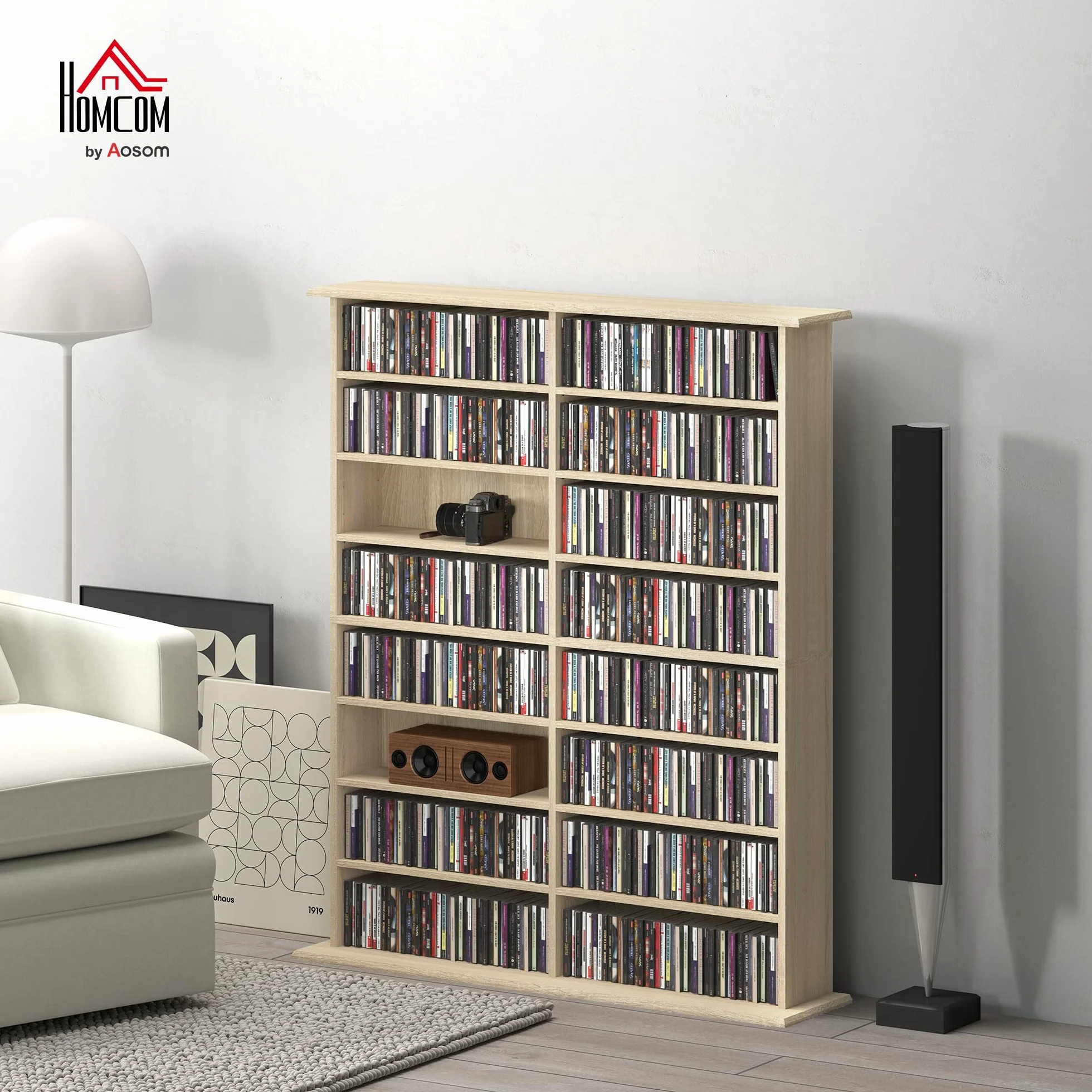 HOMCOM Contenitore per CD e DVD, contenitore multimediale con 16 scomparti e 12 ripiani regolabili, capacità massima 720 CD/396 DVD e Blu-ray, 106,5 x 24 x 123,7 cm, legno naturale