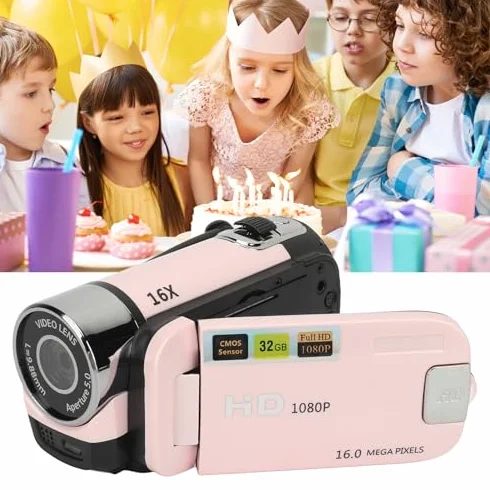 Registratore per Fotocamera Digitale, Videocamera Full HD 1080P 16MP, Fotocamera per con Schermo Ruotabile da 2,4 Pollici, Zoom 16X, Luce di Riempimento, Anti-vibrazione