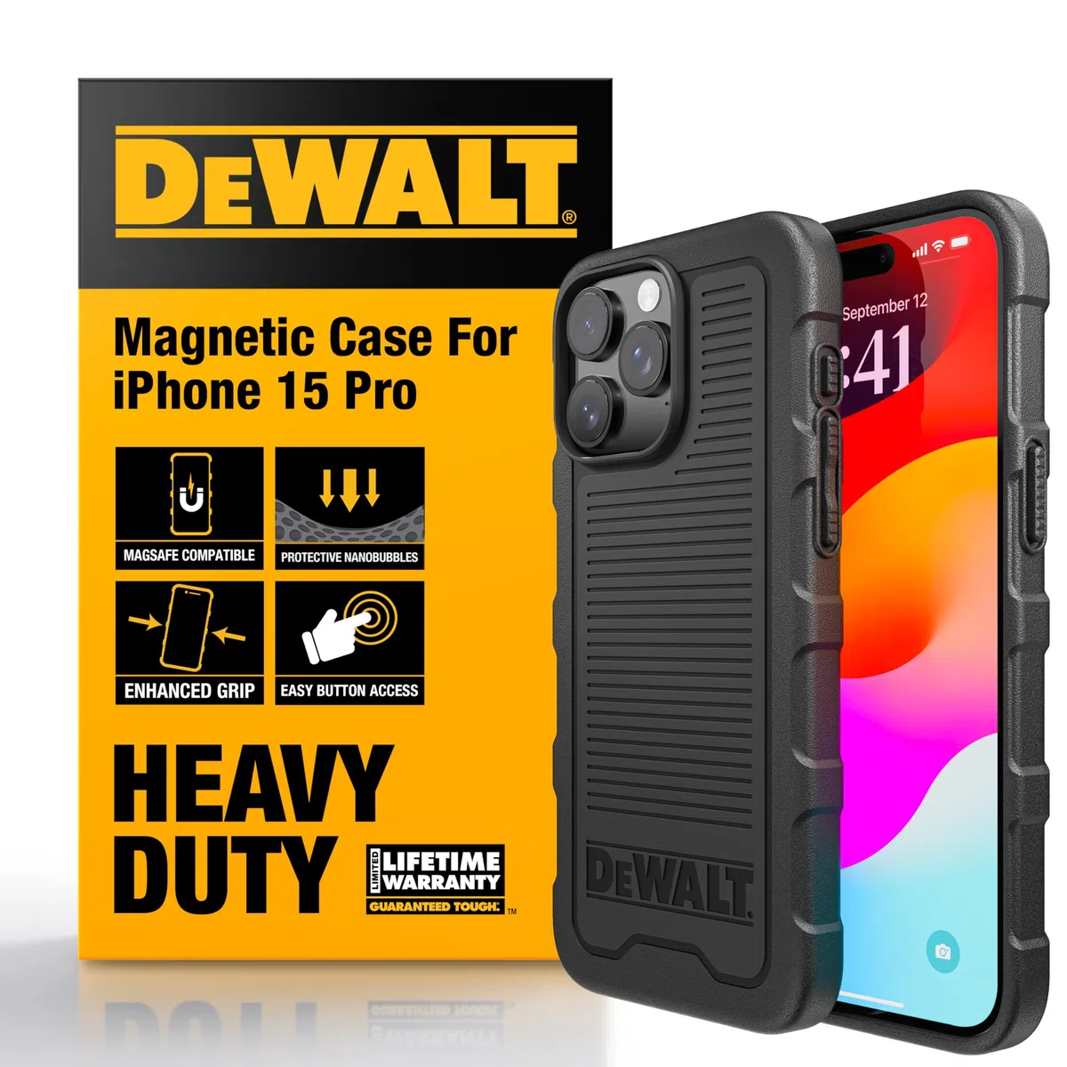 DEWALT Heavy Duty Custodia con Magnete Potente per iPhone 15 Pro Compatibile MagSafe, Cover Posteriore Protettiva Antiurto, Resistente alle Cadute, Slim Fit Shockproof, Nero Opaco