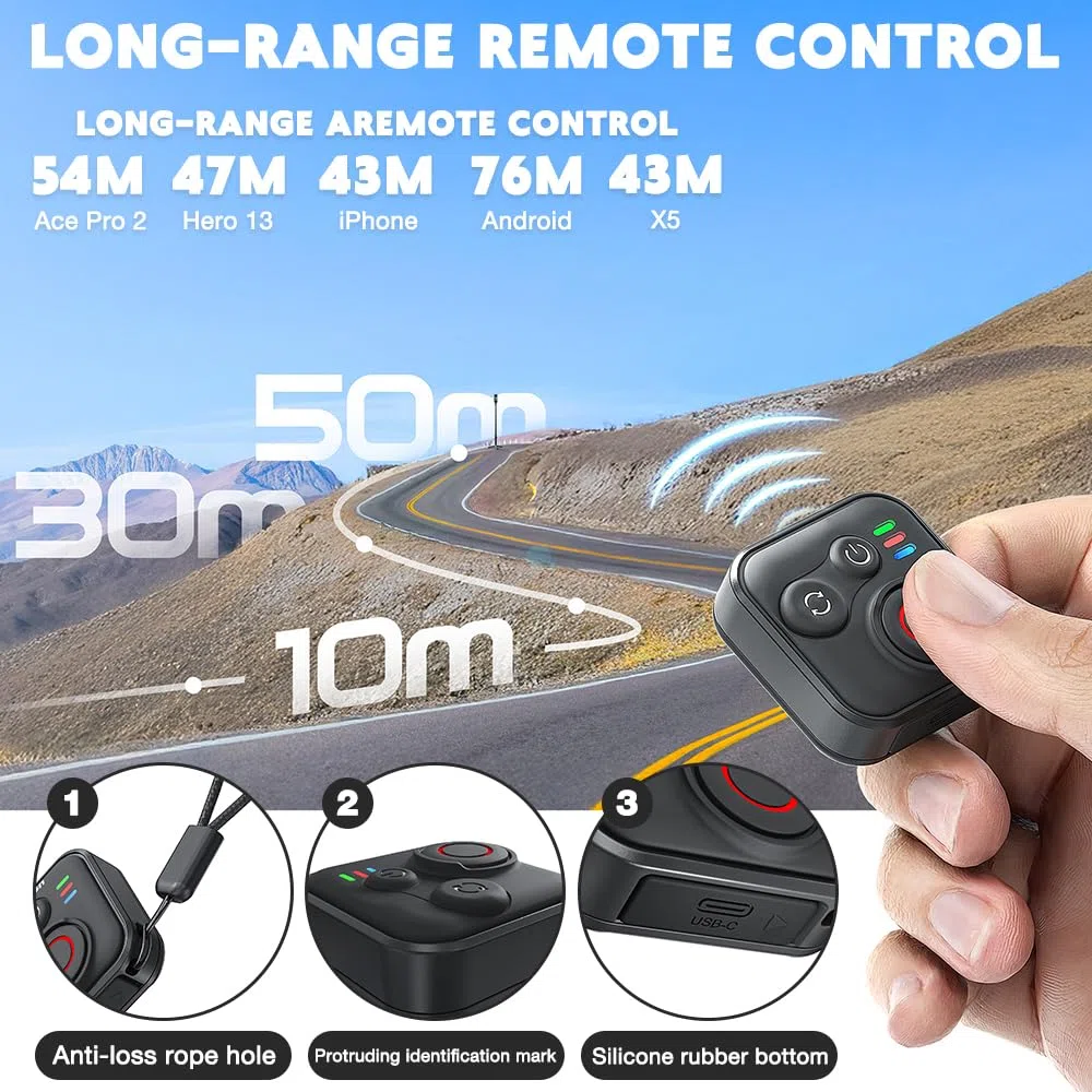 NAVESO Bluetooth Telecomando per GoPro Hero 13/12/11 Insta360 X5/X4/X3/Ace Pro 2/Ace Pro/GO3S/GO3/IOS/Android, Senza Fili Telecomando con Cinturino da Polso e Cavo di Ricarica USB