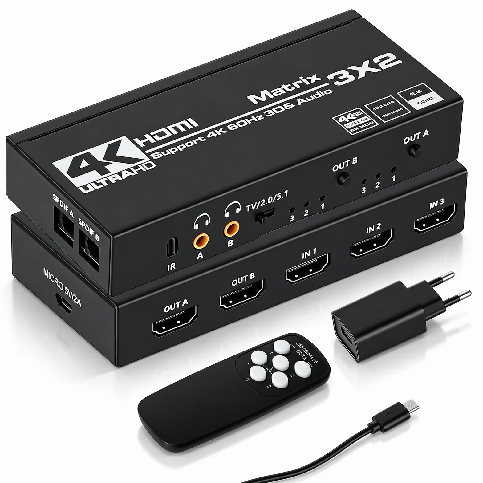 Switch Hdmi 4K 60Hz 3x2, HDMI Switch Splitter 3 in 2 Out, HDCP 2.3 HDR10 18Gbps, mit IR Telecomando & 3.5mm Audio Extractor, Supporto 4K@60Hz, HDCP 2.2, per Switch, PS5, Xbox, PC