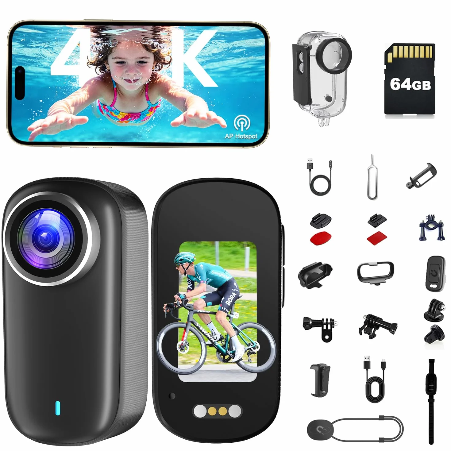 Body Cam, POV Camera 4K, Mini Action Cam WiFi 64G, Telecamera Moto con Batteria da 1200 mAh(240min), Mini Camera Impermeabile IP65, Compatta Telecamera per Moto Vlogging