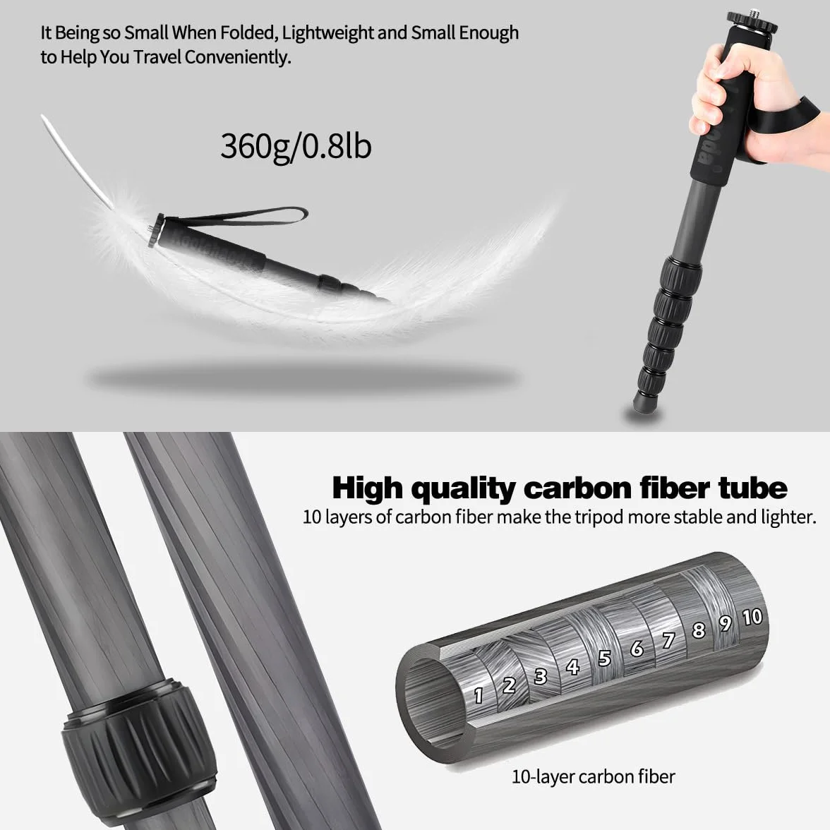 Koolehaoda Monopiede in fibra di carbonio, monopiede portatile a 6 sezioni, per fotocamera compatta e portatile, portata massima 10 kg, MP286C