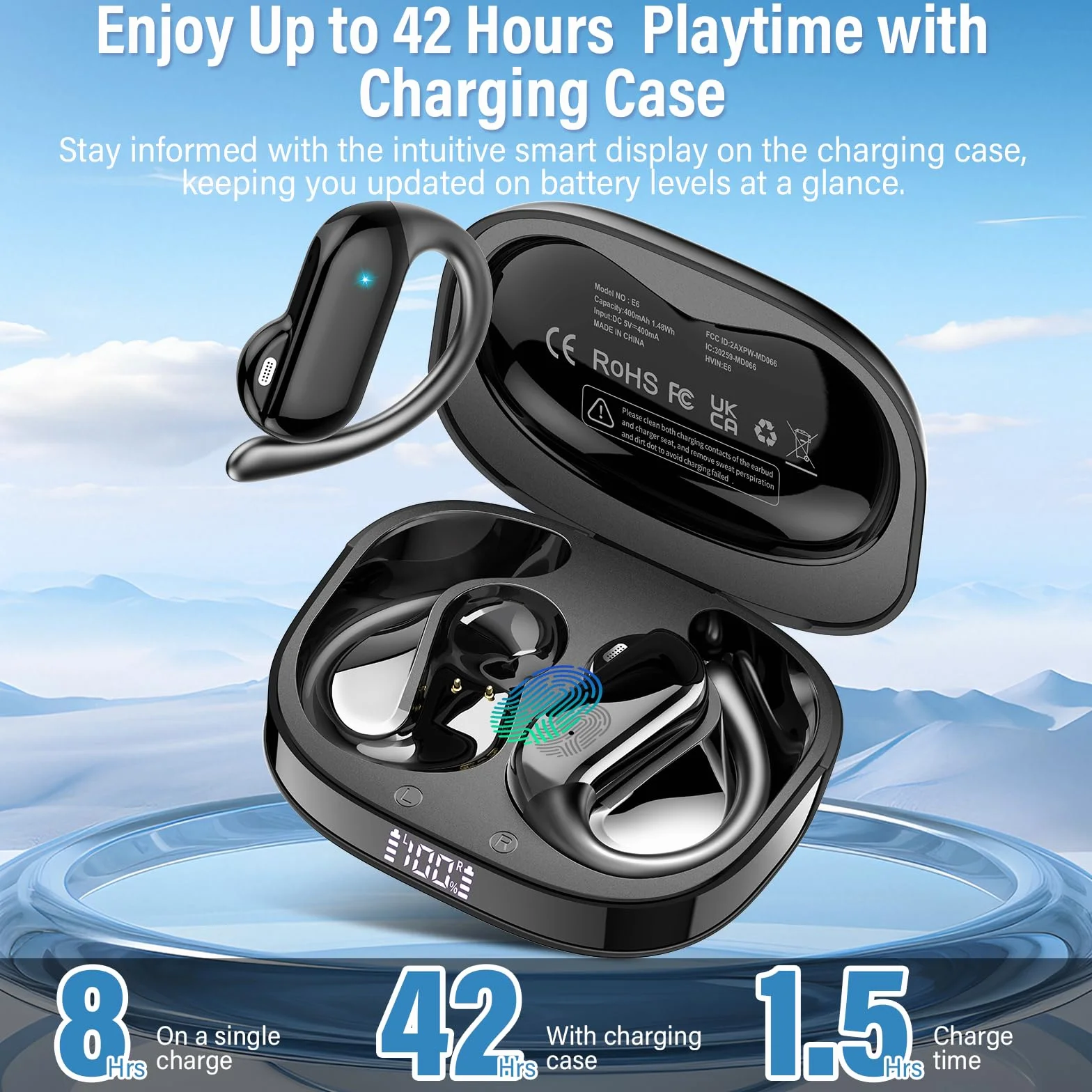 Cuffie Open-Ear, 42 Ore Auricolari Sportivi Bluetooth 5.4 con ENC Mic e Gancio Auricolare Air, IPX7 Cuffie Bluetooth con Display LED per Fitness/Corsa/Ciclismo, Controllo Touch, iOS Android