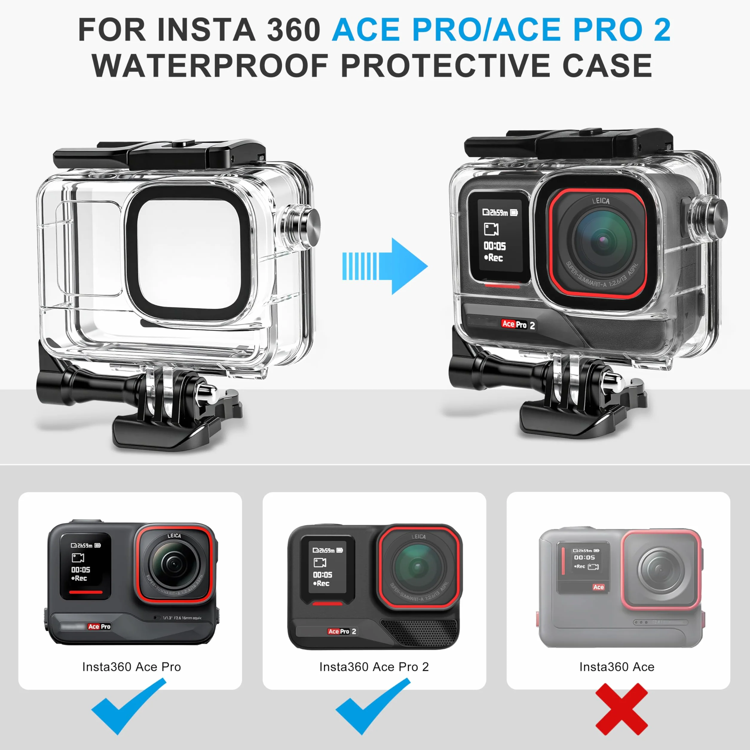 FitStill Set da immersione per Insta 360 ace pro 2/ace Pro, 50 m/164 FT custodia impermeabile + maniglia di galleggiamento, per fotografia subacquea ace pro 2 accessori