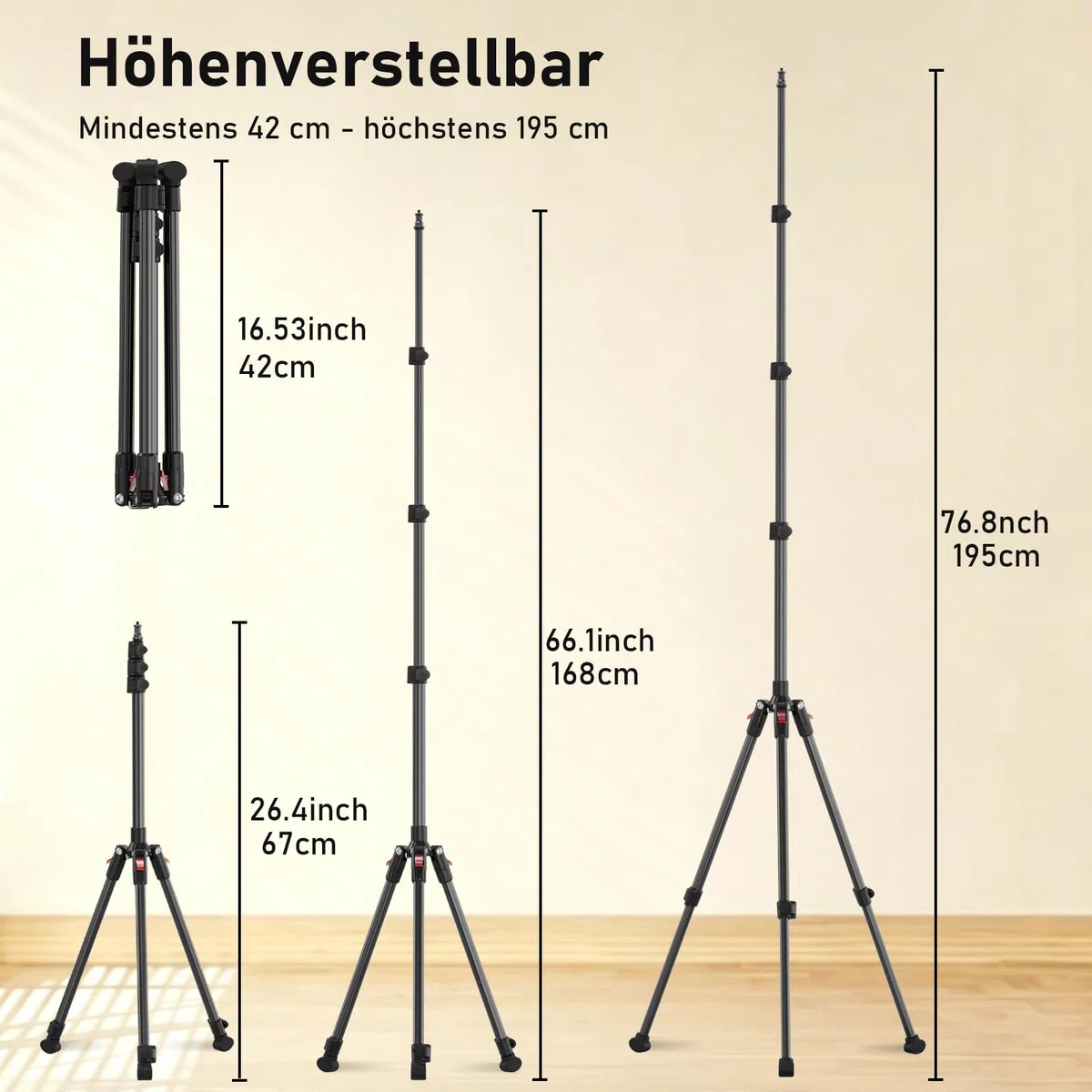 Stativo Fotografico e Stativo luci, Tripode in Alluminio, 44-200 cm, Gambe Reversibili, Vite 1/4", Per Anelli luce, Flash e Softbox. Peso 0.85 kg, Regolazione Indipendente Gambe Per Ogni Terreno