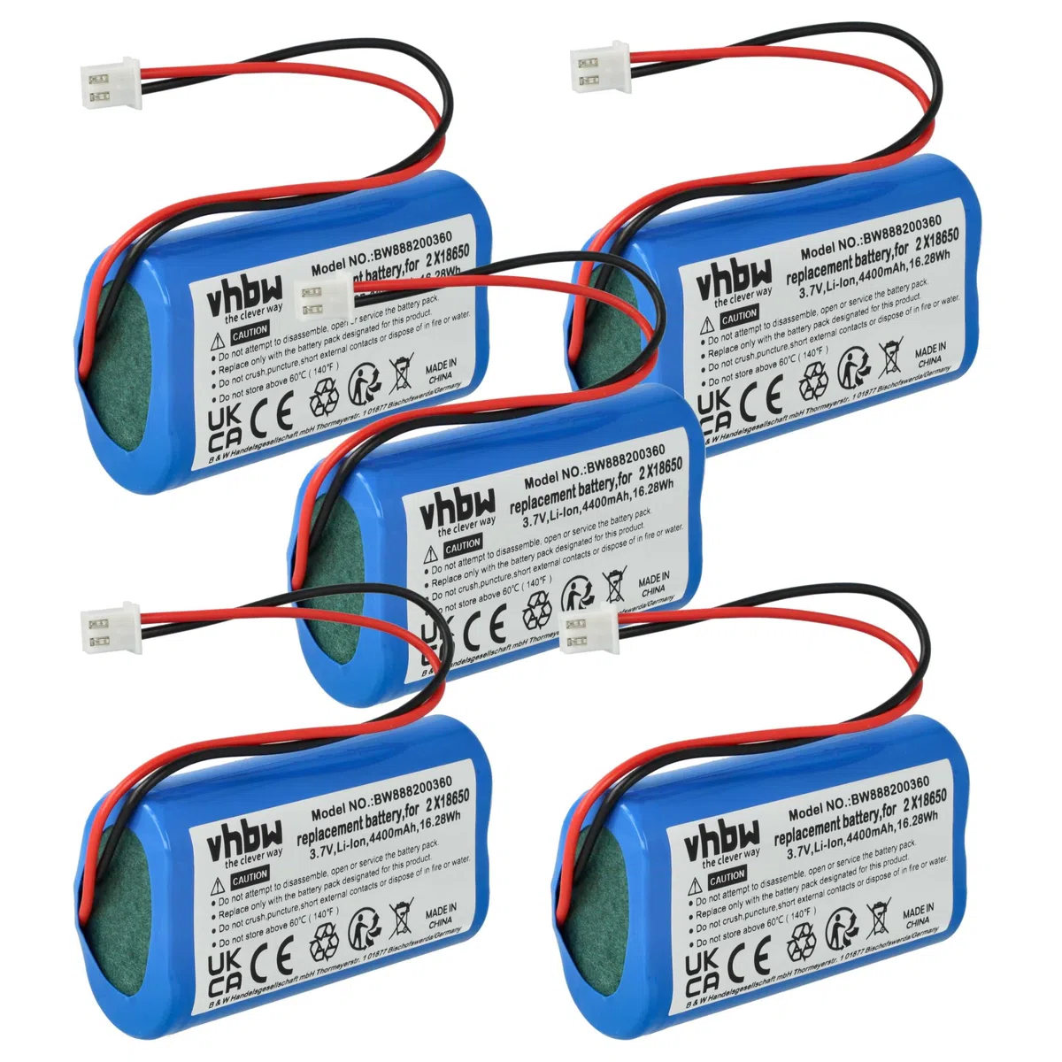 vhbw 5x batteria compatibile con Zafferano Poldina, Olivia Pro, Poldina Pro lampada da tavolo, da comodino (4400mAh, 3,7V, Li-Ion)