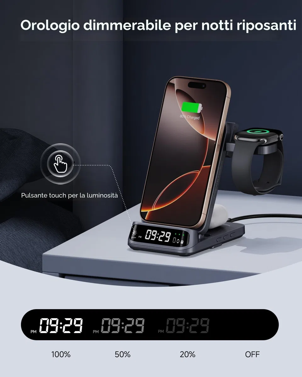 SwanScout Caricatore Wireless per iPhone, Stazione di Ricarica 3 in 1 per iPhone 17/Air/16/15/14/13/12, Base Ricarica per Apple Watch Ultra 3/11/10/9/8, per AirPods, SwanScout 708A (Senza Adattatore)