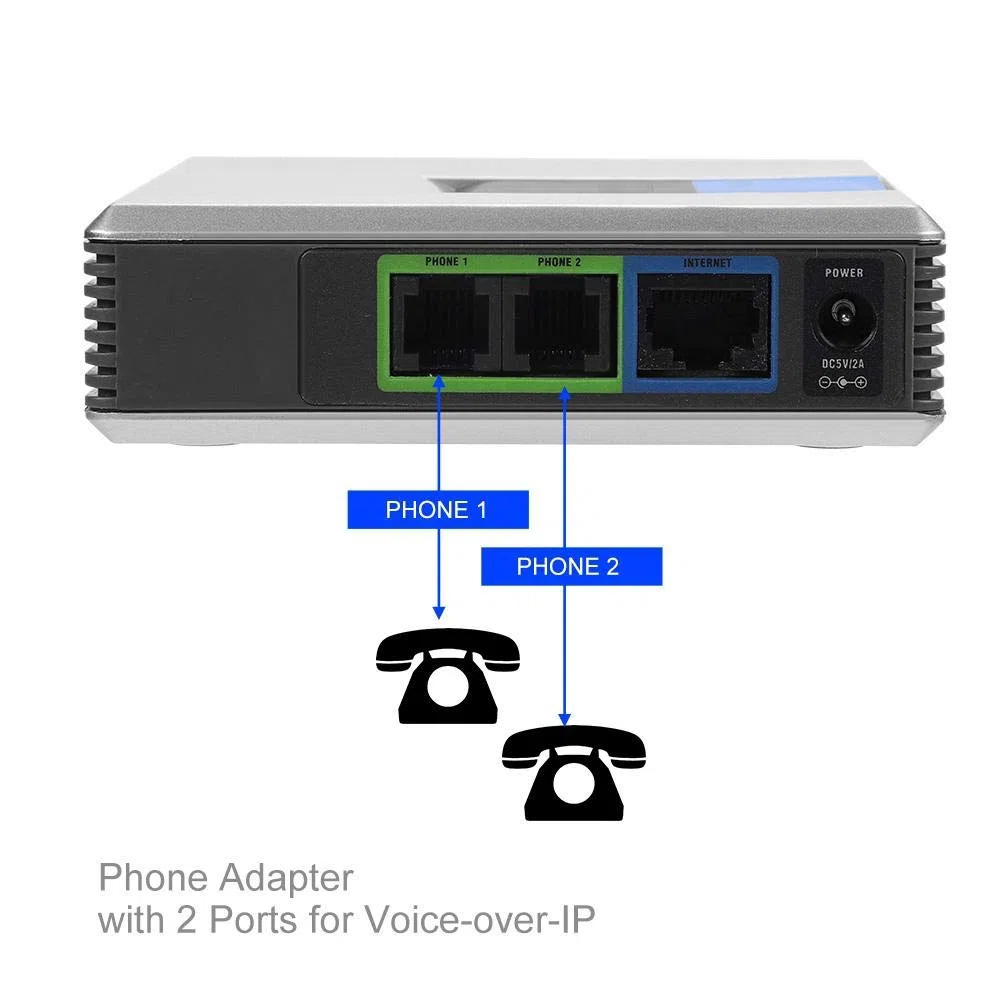 Diyeeni Adattatore Telefonico VoIP a 2 Porte, VoIP Gateway Adattatore Telefonico Analogico 2 Porte a Internet Telefono VoIP e Dispositivo con Cavo Sip RJ45 per Linksys PAP2T (EU)