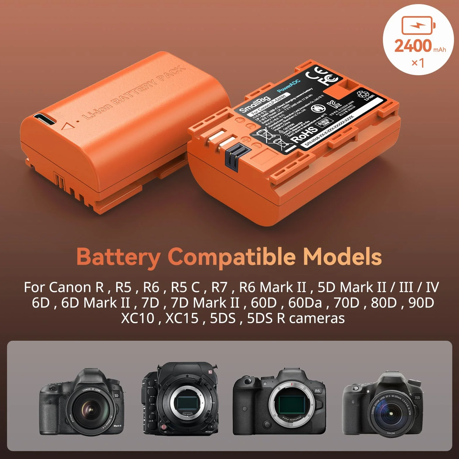 SMALLRIG Batteria 2400mAh per Canon LP-E6NH R6II/R5/R6/R7, Batteria per Fotocamera Ricaricabile con USB-C 2.5H Ricarica Rapida per Canon R, R5C, 5DIII/IV, 6D, 6DII, 7D, 60Da, 70D, 80D, Arancia - 4968