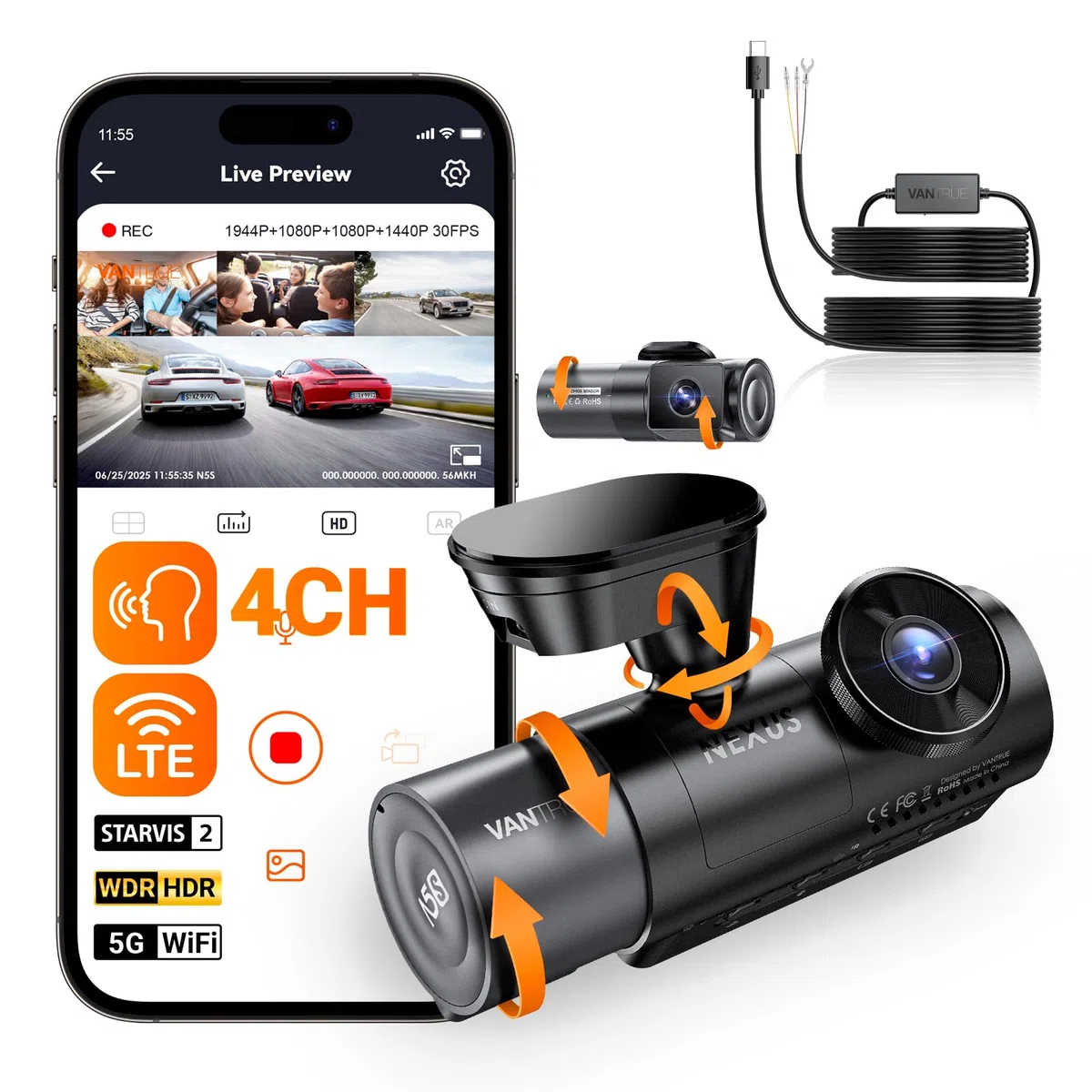 VANTRUE N5S Telecamere Auto STARVIS 2, 4 canali Dash Cam 2.7K+ Dual 1080P+ 1440P anteriore, interno e posteriore,VANTRUE Kit cablaggio USB-C regolabile con 2 stadi per Dashcam N5/N4/E3/E2/E1/N2S/N2 Pr