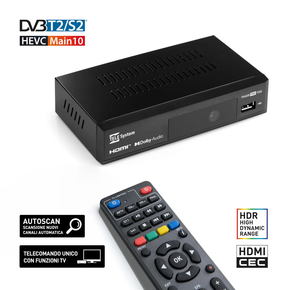 Tele System Decoder Digitale Terrestre e Satellitare 2025 TS4020 PRO, DVB-T/T2 e DVB-S/S2 HEVC HD HDR10 HLG, Decoder TV con Telecomando Unico per ricevitore e TV. USB Media Player.