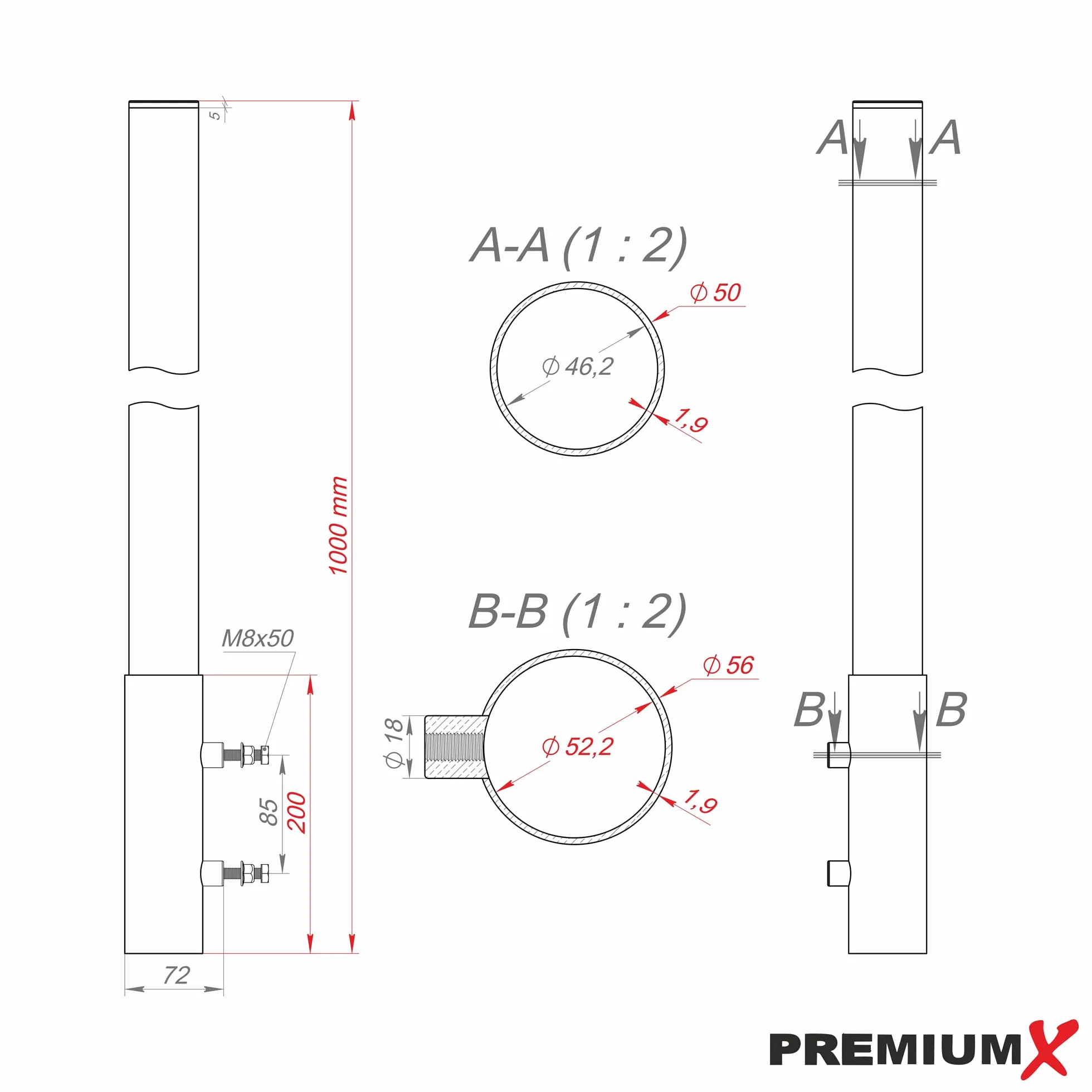 PremiumX Prolunga per palo, 100 cm, Ø 50 mm, in alluminio, con tappo