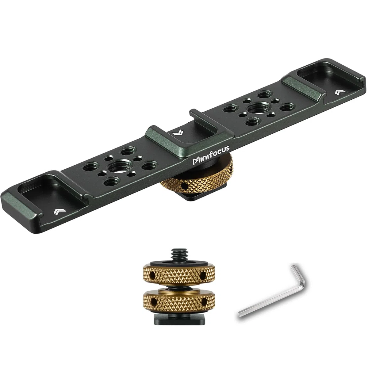 MINIFOCUS Supporto a barra di estensione per slitta fredda tripla, staffa di montaggio hot shoe in lega di alluminio con fori filettati da 6,35 mm per fotocamera DSLR, microfono, treppiede, luce video