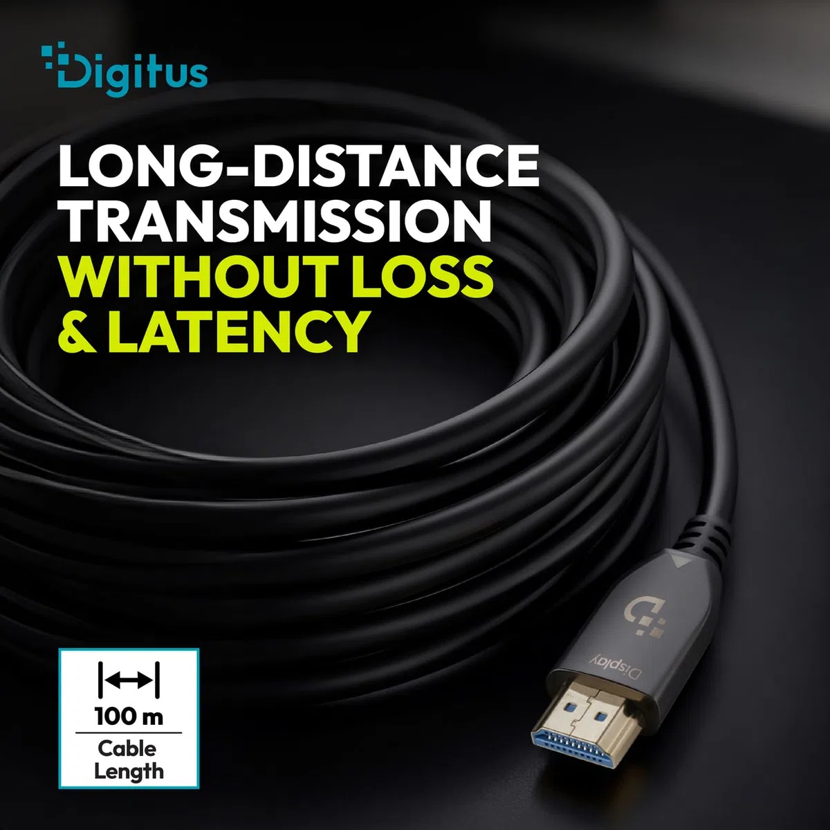 DIGITUS Cavo HDMI in fibra ottica – 100 m – UHD 8K 60Hz 4K 120Hz – HDMI 2.1 – 48 Gbps – eARC, HDR, HDCP 2.2, CEC – Cavo ibrido AOC – Contatti placcati in oro – Nero