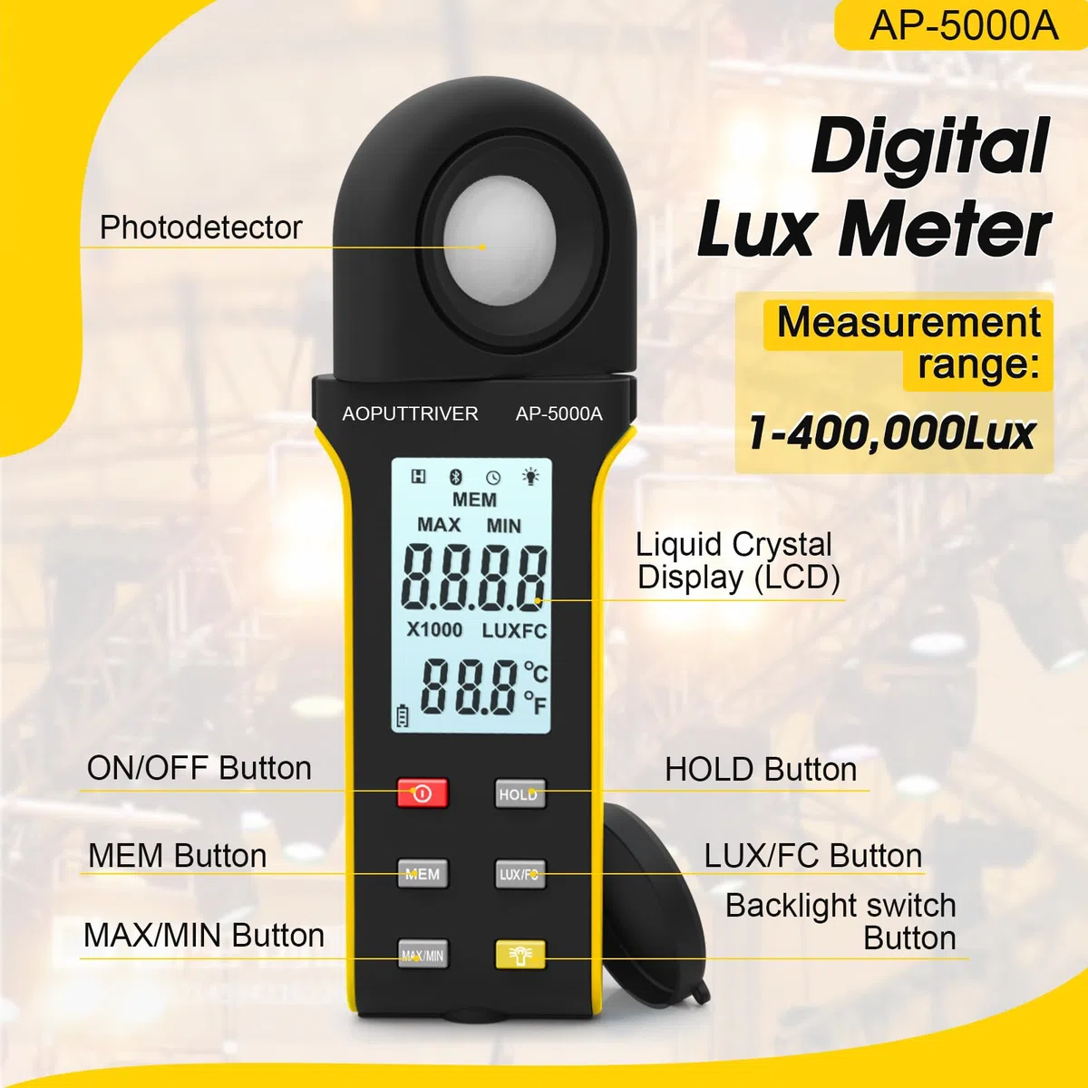 Luxmetro professionale, Esposimetro, Misuratore lumen, Misuratore di Temperatura Ambiente con Portata Fino a 400.000 Lux con Display LCD, Rilevatore Rotante a 270 Gradi - AP-5000A