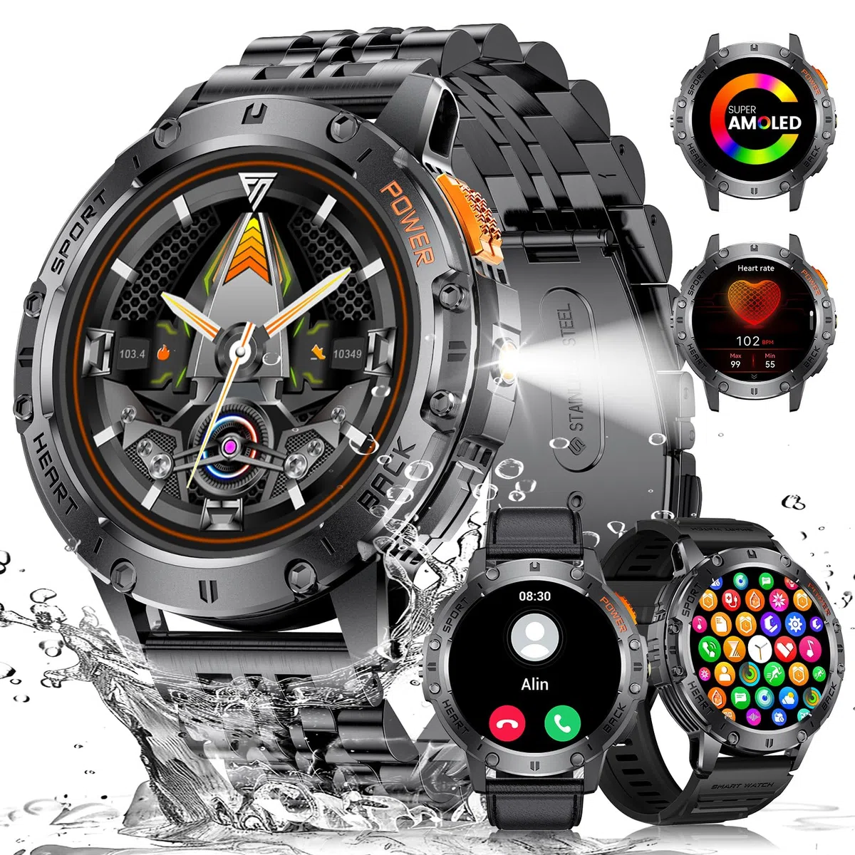 ESFOE Smartwatch Uomo, 1.43" AMOLED Smartwatch Militare Uomo Fitness con Chiamate Bluetooth Orologio Intelligente Impermeabile 5ATM/120 Modalità Sportive/530mAh/Torcia/Cardiofrequenzimetro, Mezzanotte