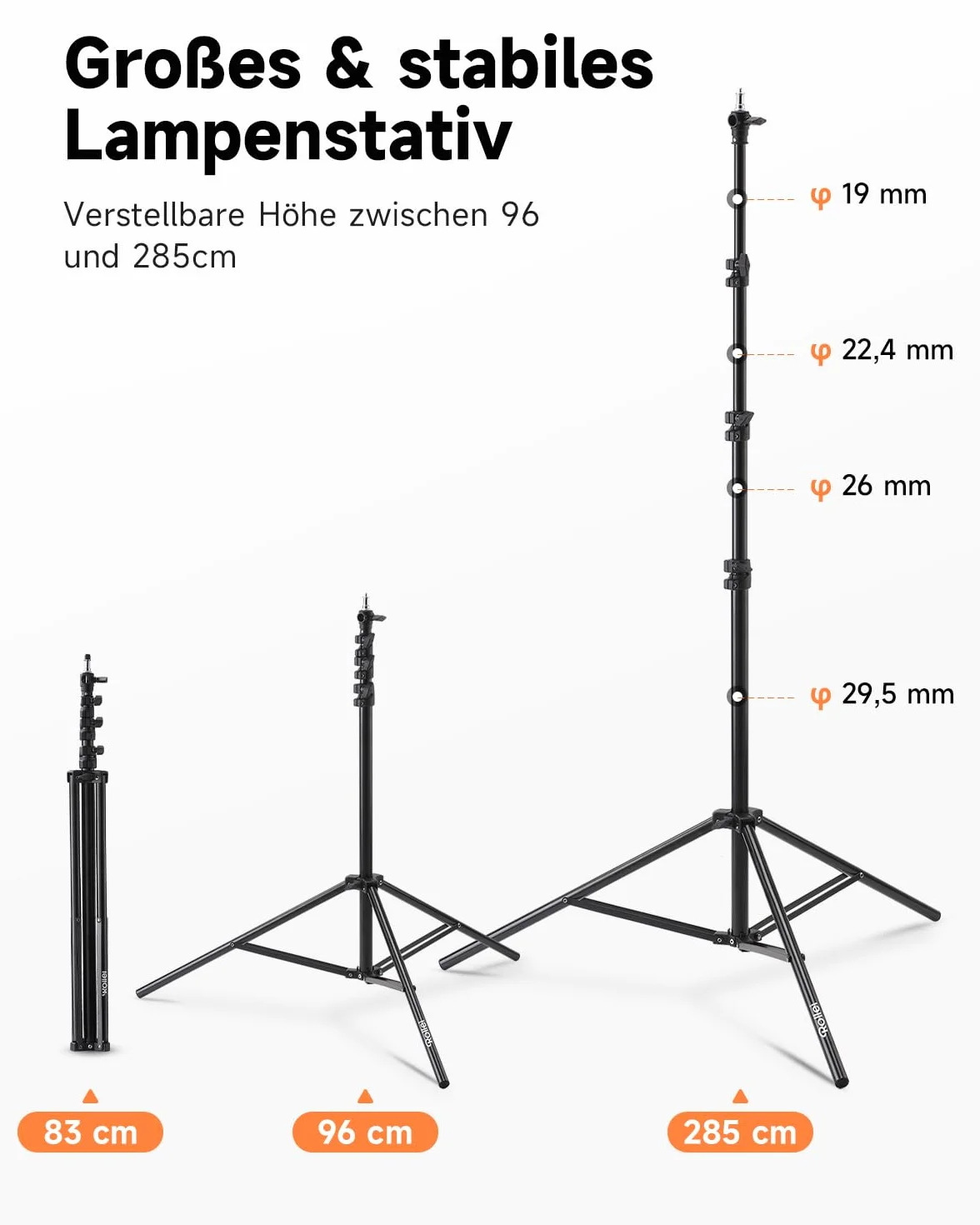 Rollei Pro Flash Stand 285 cm - Treppiedi per lampada professionale 285 cm – Treppiedi per lampada in alluminio robusto per flash da studio, Altezza regolabile tra 125 e 285 cm - Nero