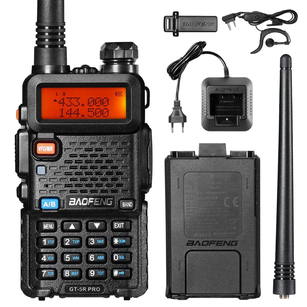 BAOFENG GT-5R Pro Walkie Talkie, radio dual band UHF VHF 144-146/430-440MHz, ampia portata, 128 canali, batteria 1800 mAh, cuffie per adulti, supportato da Chirp