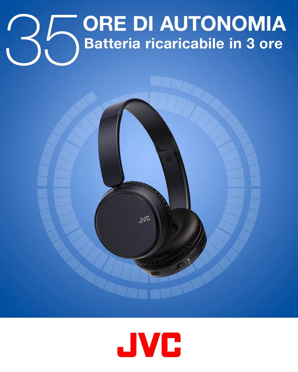 JVC, Cuffie Bluetooth HA-Z37W, Cuffie Wireless On Ear con Deep Bass, 3 Modalità Audio, Funzione Multi Point, Compatibili con Assistenti Vocali, 35 Ore di Riproduzione, Blu