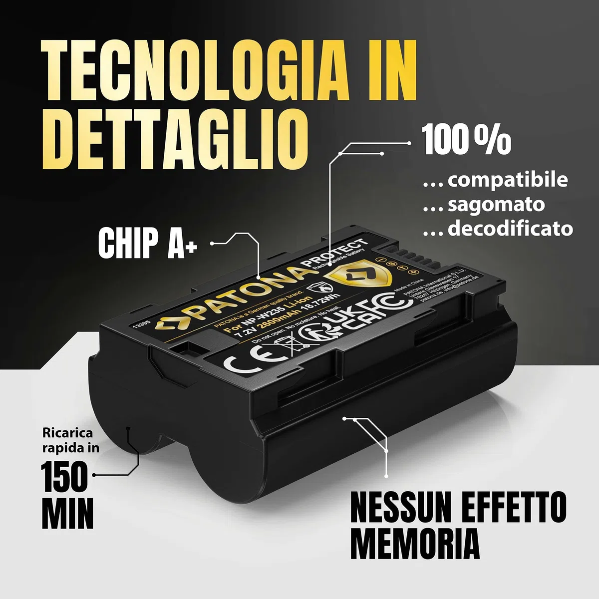 PATONA Protect NP-W235 Batteria 2600mAh (guscio V1, sensore NTC) – sostituisce Fujifilm NP-W235 – per X-T4 X-T5 X-H2 X-H2S X-S20, GFX 50S II, GFX 100S, GFX 100 II, GFX100RF – riserva sicura per il 4K