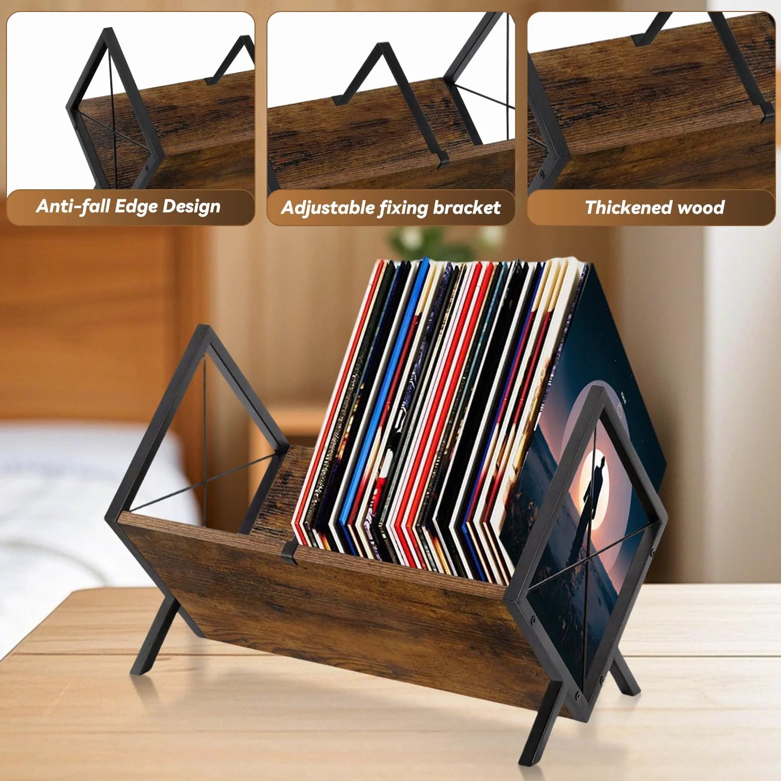 Contenitore per dischi in vinile, 1 ripiano in legno con divisorio regolabile, libro e piastra in vinile, supporto per dischi in vinile, organizzatore per CD, album, riviste, libri