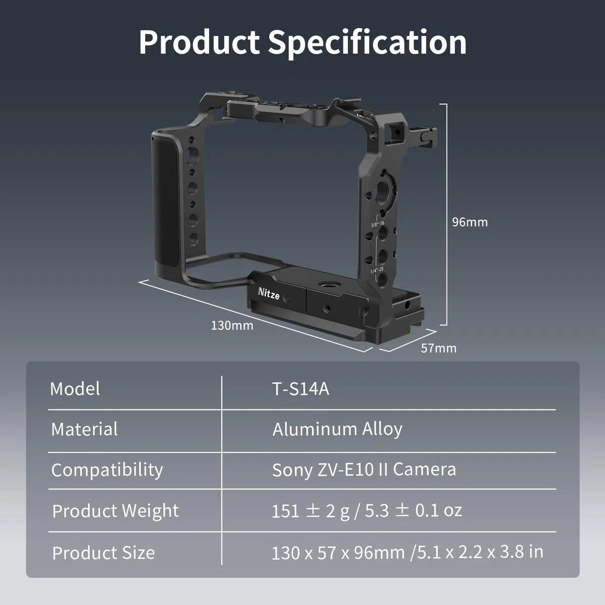 Nitze ZV-E10 II Cage, gabbia per fotocamera Sony ZV-E10 II, con 2 guide NATO integrate, scarpa Cold Shoe, impugnatura ergonomica, piastra a sgancio rapido per Arca-Swiss T-S14A