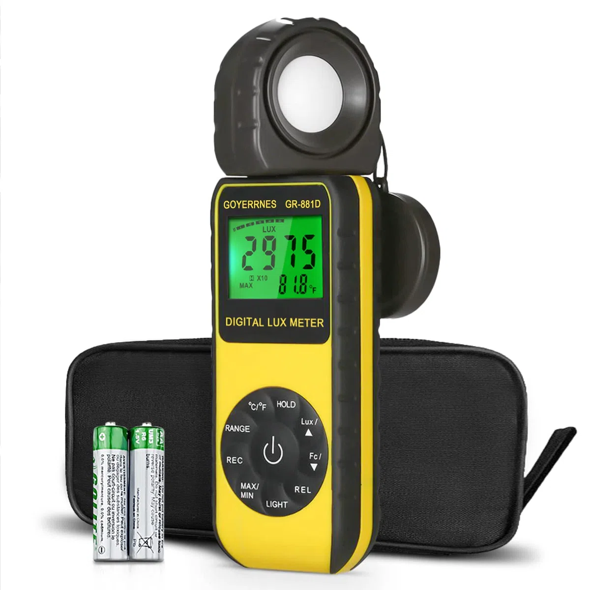 Misuratore di luce Misuratore di illuminamento digitale 0~400.000 Lux Fotometro di illuminazione GR-881D Misuratore di Lux portatile con misurazione della luminosità dell'intensità della temperatura.
